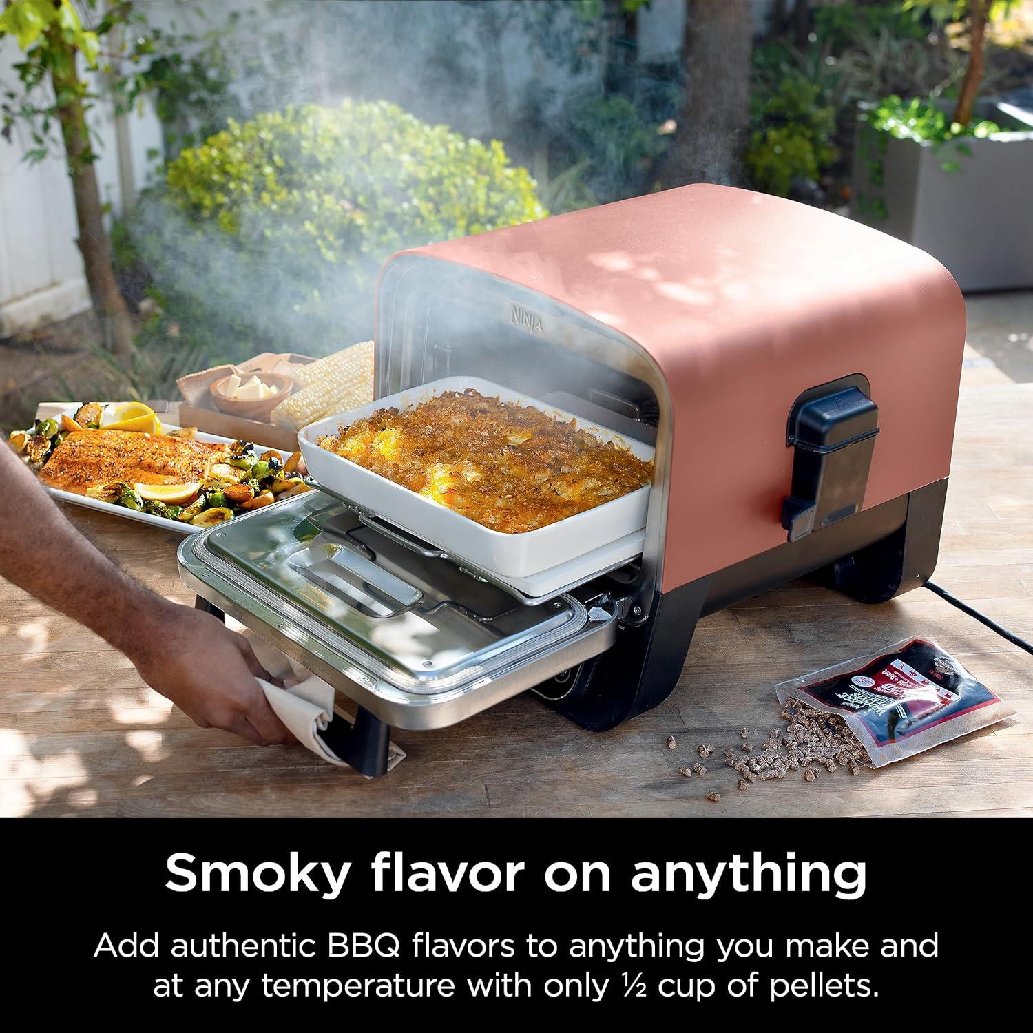 imageNinja Woodfire Outdoor Pizza Oven 8in1 Portable Electric Roaster Oven Heats up to 700F 5 Artisan Pizza Settings Integrated BBQ Smoker Box Includes Flavored Wood Pellets Terracotta RedPizza Oven Smoker