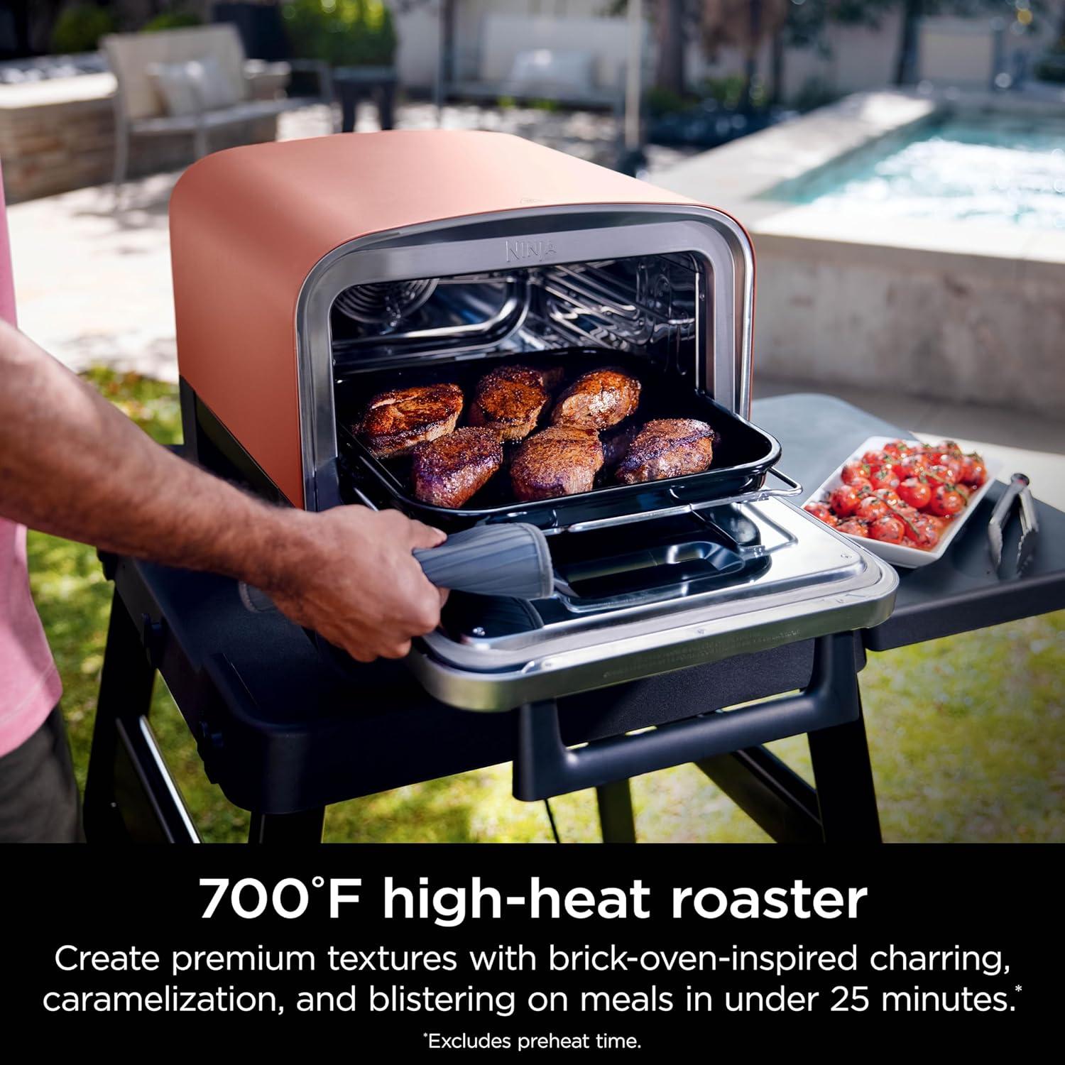 imageNinja Woodfire Outdoor Pizza Oven 8in1 Portable Electric Roaster Oven Heats up to 700F 5 Artisan Pizza Settings Integrated BBQ Smoker Box Includes Flavored Wood Pellets Terracotta RedPizza Oven Smoker