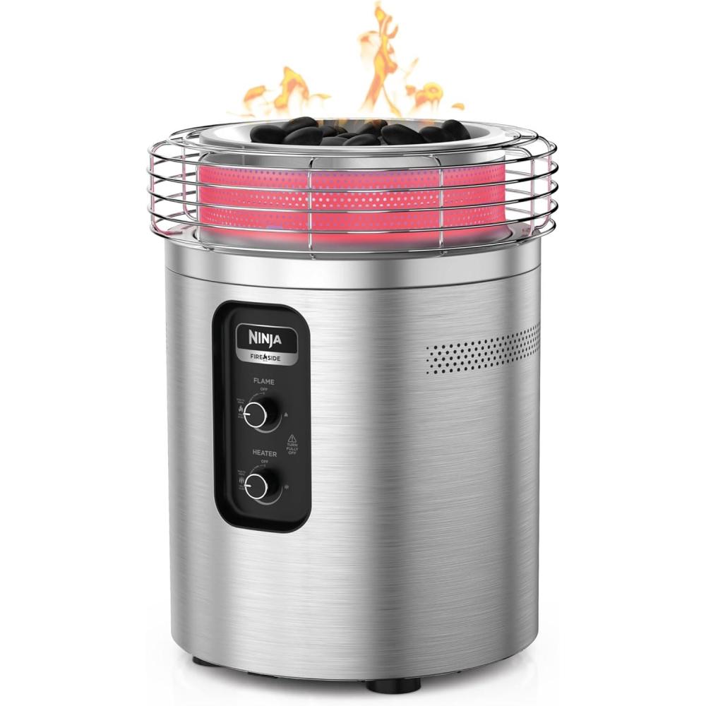 imageNinja Fireside360 Outdoor Heater amp Fire Pit  3 Modes Flame Heat Flame amp Heat  Portable for Patio Deck Camping Beach  Easy Control Smokeless Flames  Push to Start Ignition  Stone  OF101STStainless Steel