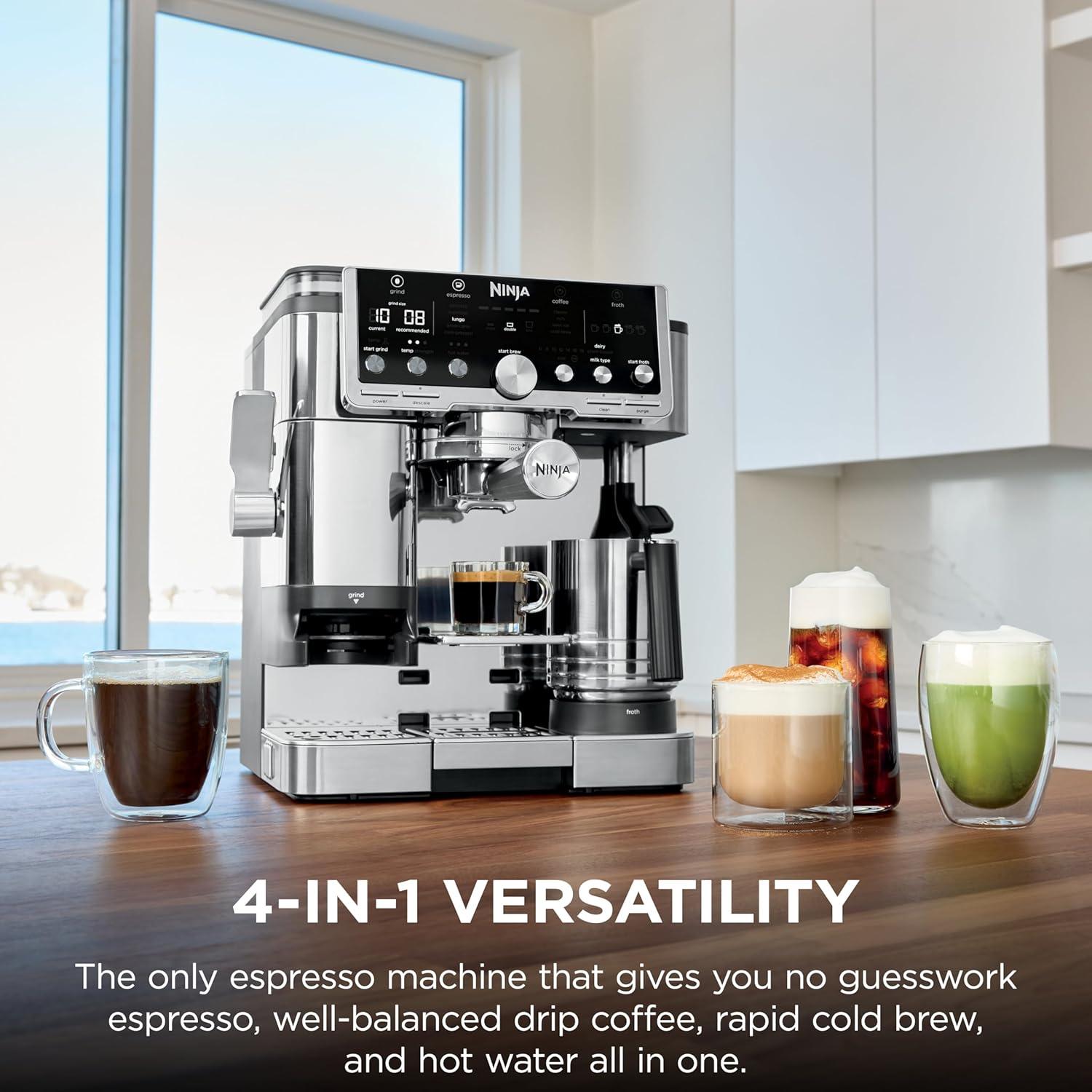imageNinja Luxe Caf Pro Series Espresso Machine Drip Coffee Cold Brew Hot Water Integrated Tamper Builtin Grinder HandsFree Frother for Cappuccinos Lattes Americanos Dairy or NonDairy ES701
