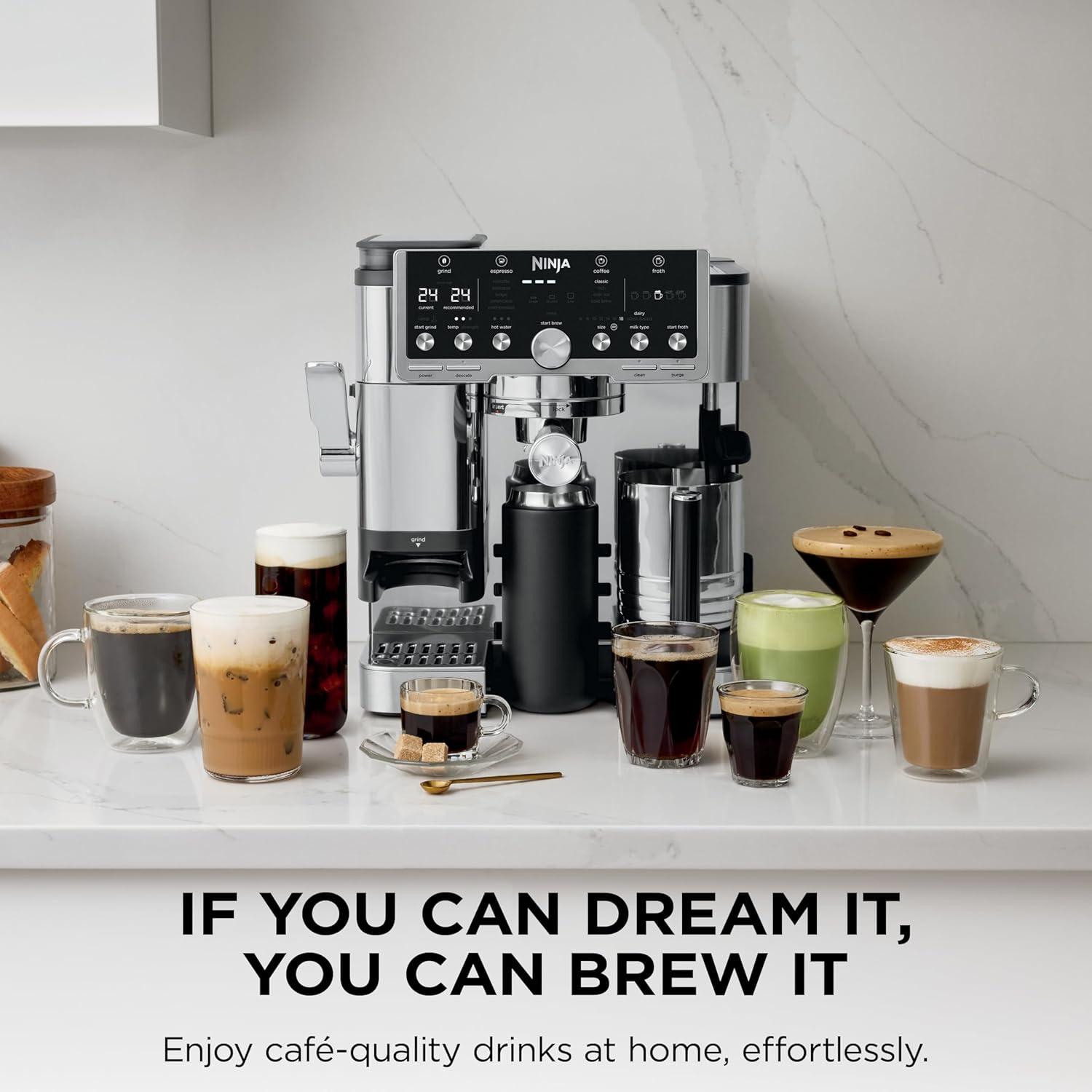 imageNinja Luxe Caf Pro Series Espresso Machine Drip Coffee Cold Brew Hot Water Integrated Tamper Builtin Grinder HandsFree Frother for Cappuccinos Lattes Americanos Dairy or NonDairy ES701