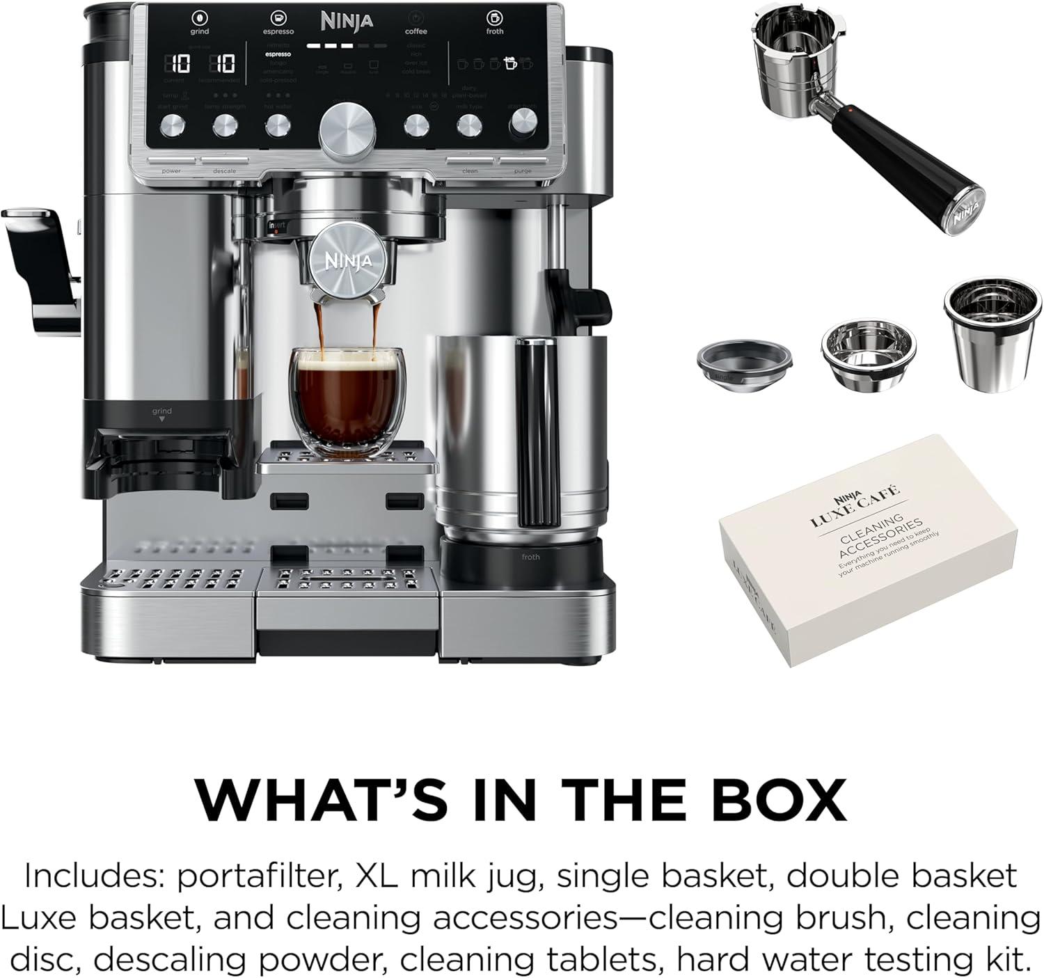 imageNinja Luxe Caf Pro Series Espresso Machine Drip Coffee Cold Brew Hot Water Integrated Tamper Builtin Grinder HandsFree Frother for Cappuccinos Lattes Americanos Dairy or NonDairy ES701