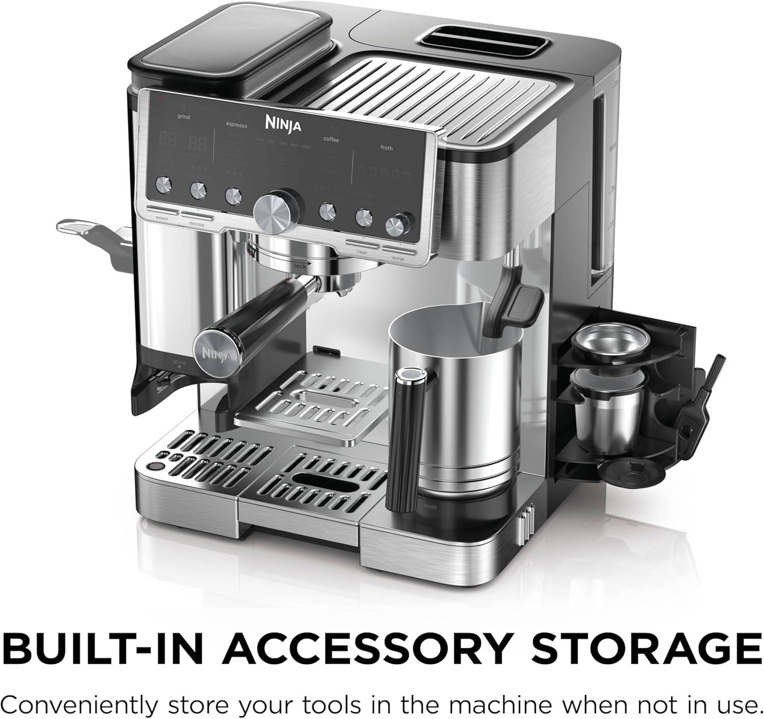imageNinja Luxe Caf Pro Series Espresso Machine Drip Coffee Cold Brew Hot Water Integrated Tamper Builtin Grinder HandsFree Frother for Cappuccinos Lattes Americanos Dairy or NonDairy ES701