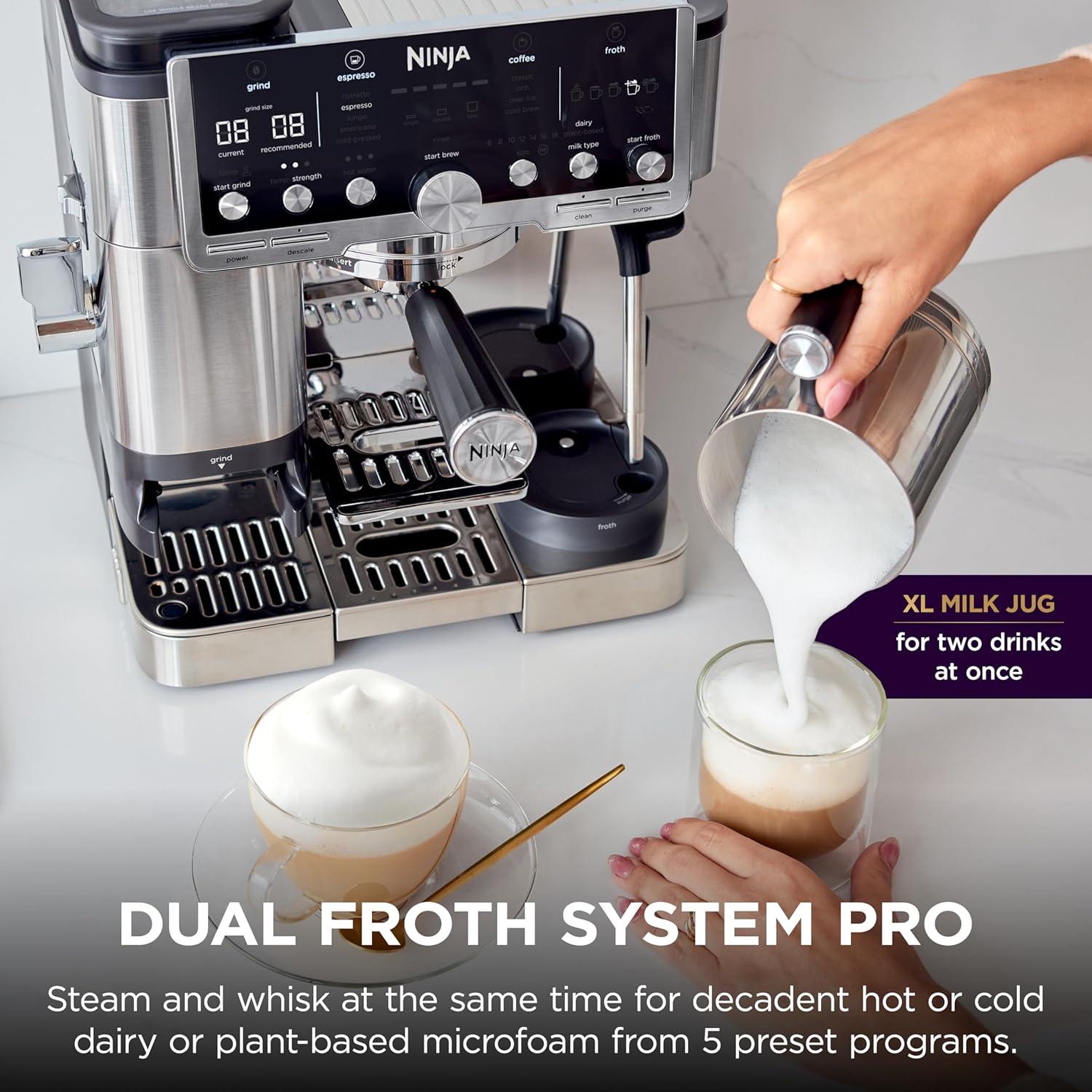 imageNinja Luxe Caf Pro Series Espresso Machine Drip Coffee Cold Brew Hot Water Integrated Tamper Builtin Grinder HandsFree Frother for Cappuccinos Lattes Americanos Dairy or NonDairy ES701
