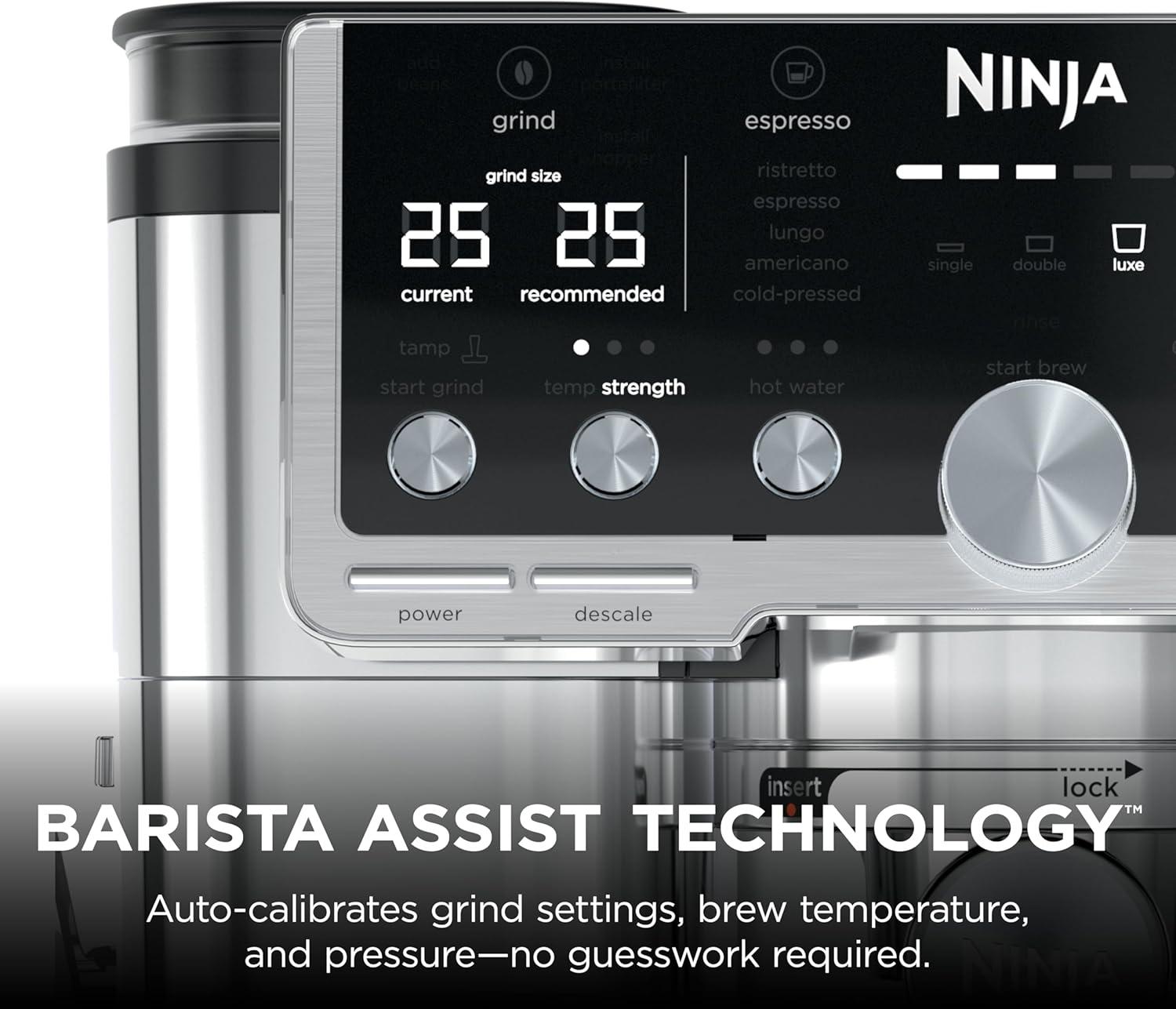 imageNinja Luxe Caf Pro Series Espresso Machine Drip Coffee Cold Brew Hot Water Integrated Tamper Builtin Grinder HandsFree Frother for Cappuccinos Lattes Americanos Dairy or NonDairy ES701