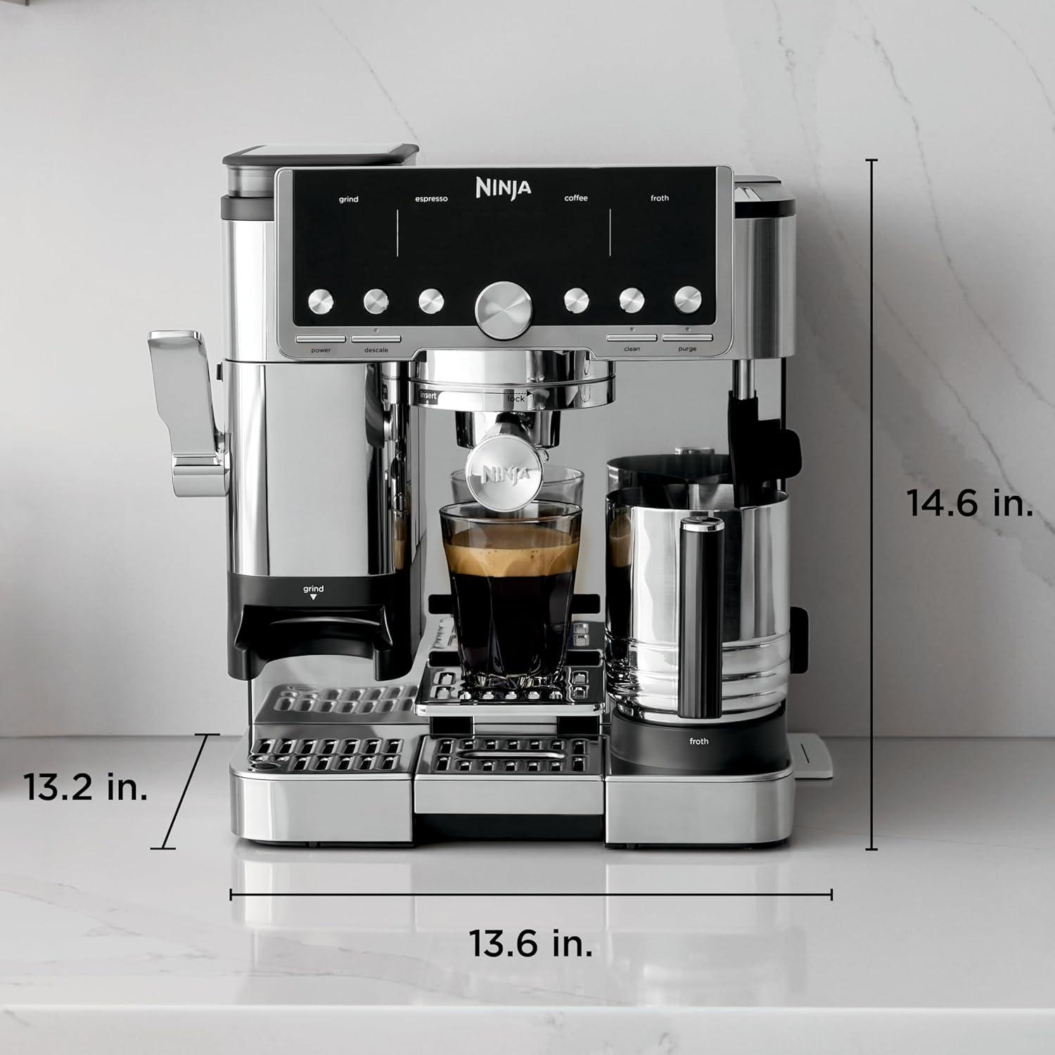 imageNinja Luxe Caf Pro Series Espresso Machine Drip Coffee Cold Brew Hot Water Integrated Tamper Builtin Grinder HandsFree Frother for Cappuccinos Lattes Americanos Dairy or NonDairy ES701