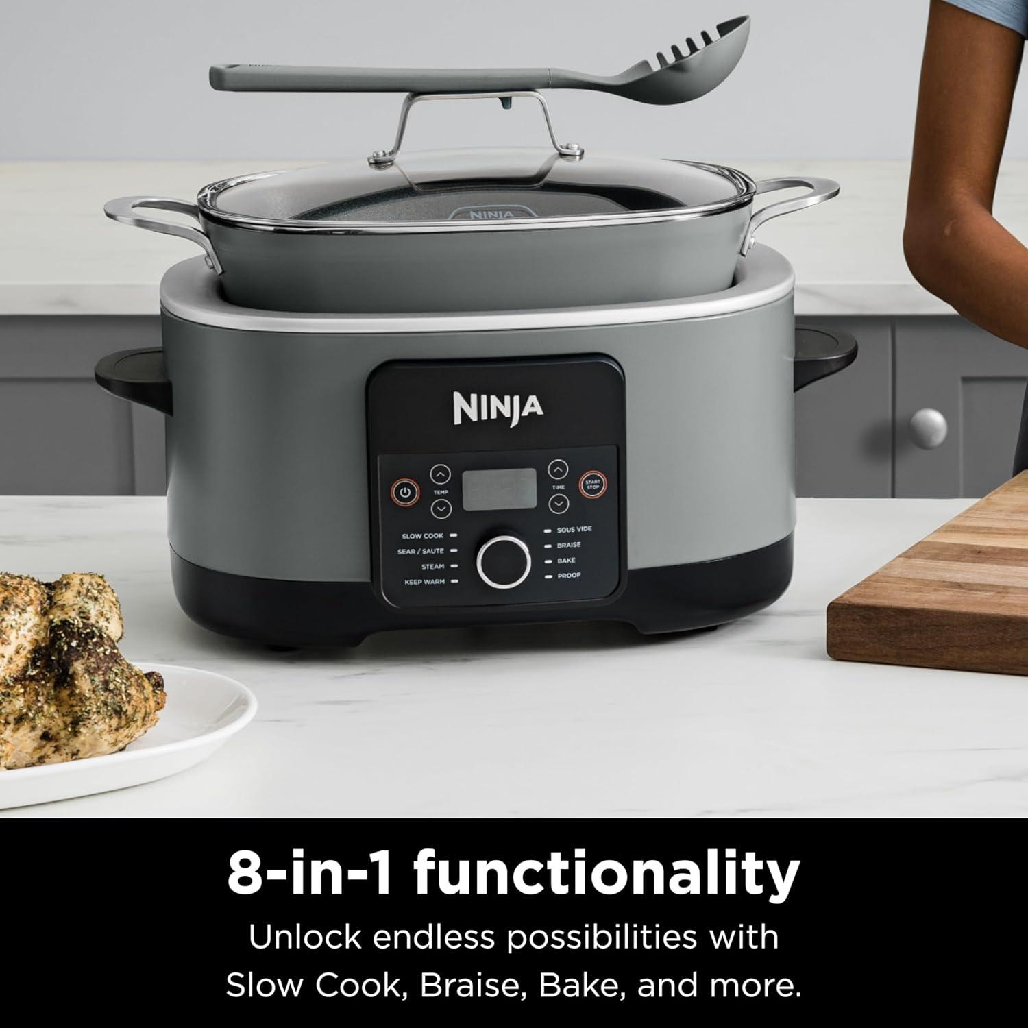 imageNinja 12in1 PossibleCooker PLUS 85qt Sous Vide amp Proof MultiCooker Slow Cooker Dutch Oven amp More Glass Lid amp Integrated Spoon Nonstick Oven Safe Pot to 500F Black MC1010Sea Salt Gray