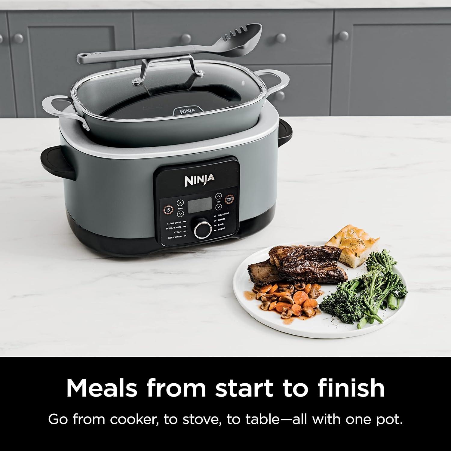 imageNinja 12in1 PossibleCooker PLUS 85qt Sous Vide amp Proof MultiCooker Slow Cooker Dutch Oven amp More Glass Lid amp Integrated Spoon Nonstick Oven Safe Pot to 500F Black MC1010Sea Salt Gray