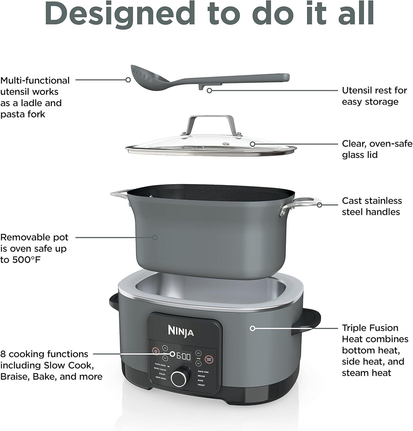 imageNinja 12in1 PossibleCooker PLUS 85qt Sous Vide amp Proof MultiCooker Slow Cooker Dutch Oven amp More Glass Lid amp Integrated Spoon Nonstick Oven Safe Pot to 500F Black MC1010Sea Salt Gray