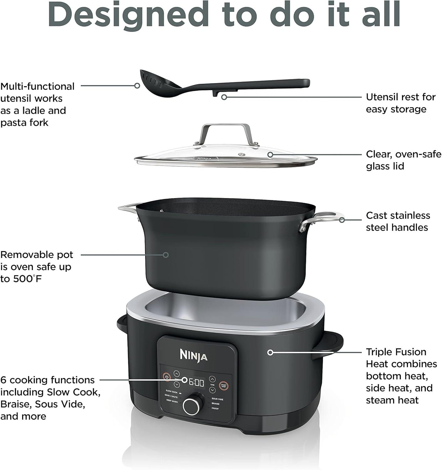imageNinja 12in1 PossibleCooker PLUS 85qt Sous Vide amp Proof MultiCooker Slow Cooker Dutch Oven amp More Glass Lid amp Integrated Spoon Nonstick Oven Safe Pot to 500F Black MC1010Black