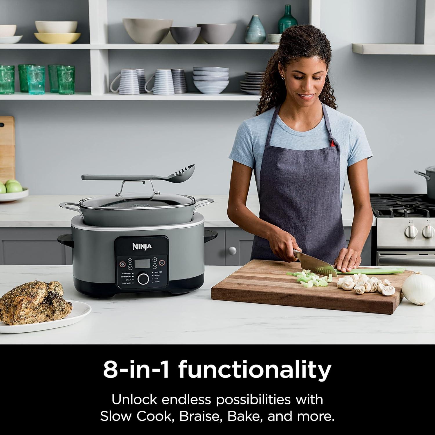 imageNinja 12in1 PossibleCooker PLUS 85qt Sous Vide amp Proof MultiCooker Slow Cooker Dutch Oven amp More Glass Lid amp Integrated Spoon Nonstick Oven Safe Pot to 500F Black MC1010Sea Salt Gray
