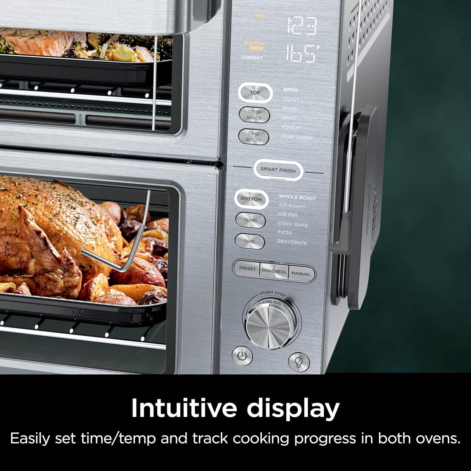 imageNinja Air Fryer Toaster Oven Combo Double Stack XL 12in1 Fits 45 lb Chicken amp 6lbs of Wings Smart Finish Cook 2 Different Meals at Same Time Countertop Oven Stainless Steel DCT601Stainless 12in1 with Thermometer