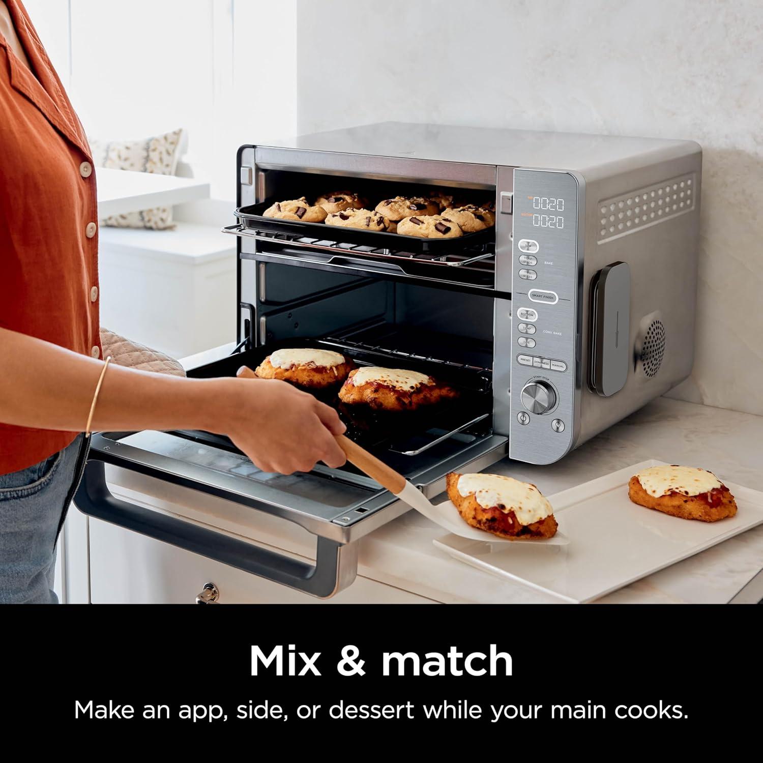 imageNinja Air Fryer Toaster Oven Combo Double Stack XL 12in1 Fits 45 lb Chicken amp 6lbs of Wings Smart Finish Cook 2 Different Meals at Same Time Countertop Oven Stainless Steel DCT601Stainless 12in1 with Thermometer