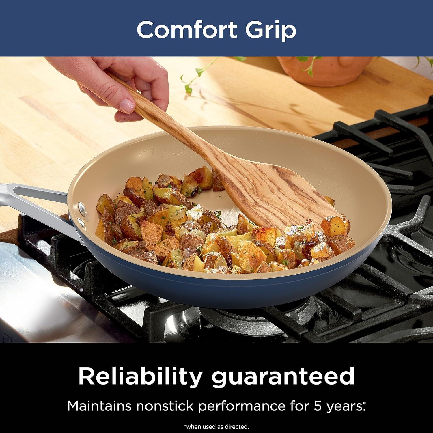 imageNinja Ceramic Cookware Set Extended Life 11Piece Kitchen Cookware Sets with Comfort Grip Nonstick Fry Pans Pots PTFE Free Oven amp Dishwasher Safe Stovetop Compatible Navy Blue CW490111025 Blue Fry Pan