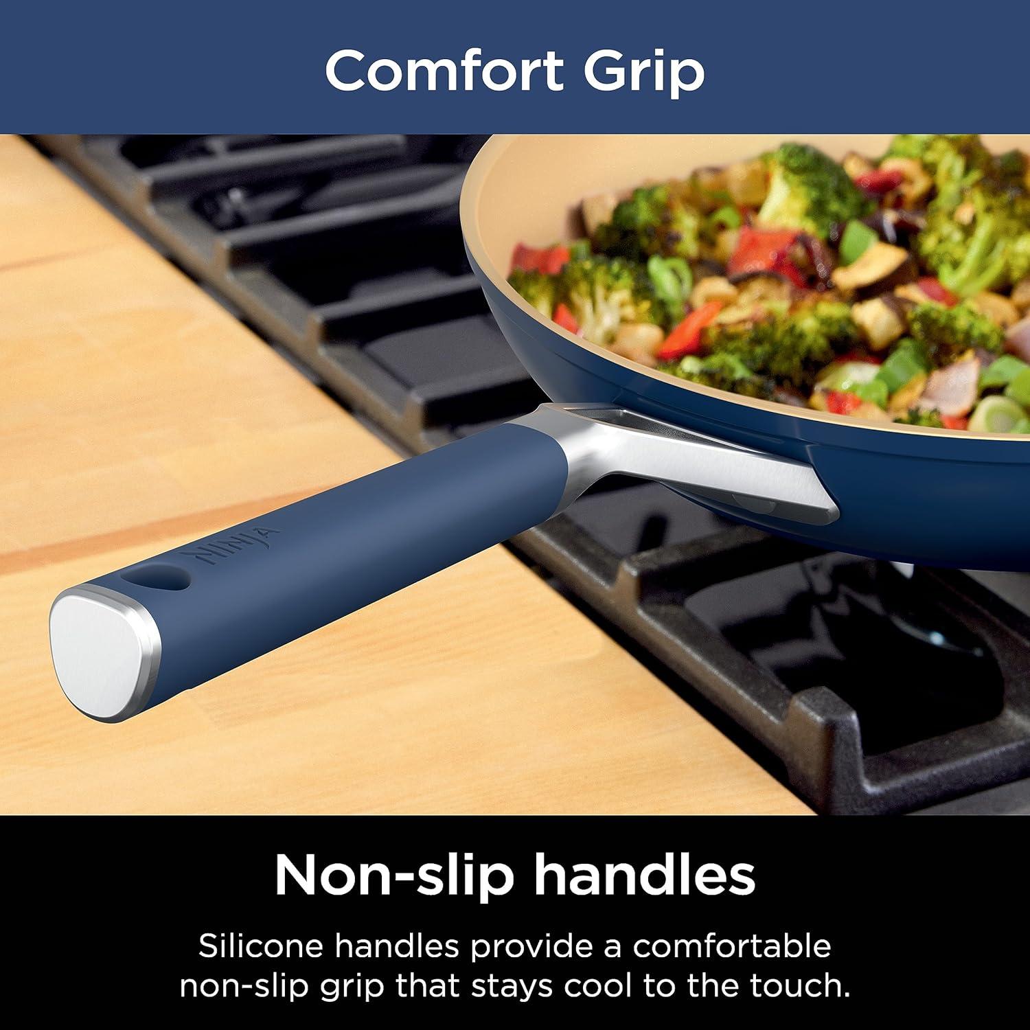 imageNinja Ceramic Cookware Set Extended Life 11Piece Kitchen Cookware Sets with Comfort Grip Nonstick Fry Pans Pots PTFE Free Oven amp Dishwasher Safe Stovetop Compatible Navy Blue CW490111025 Blue Fry Pan