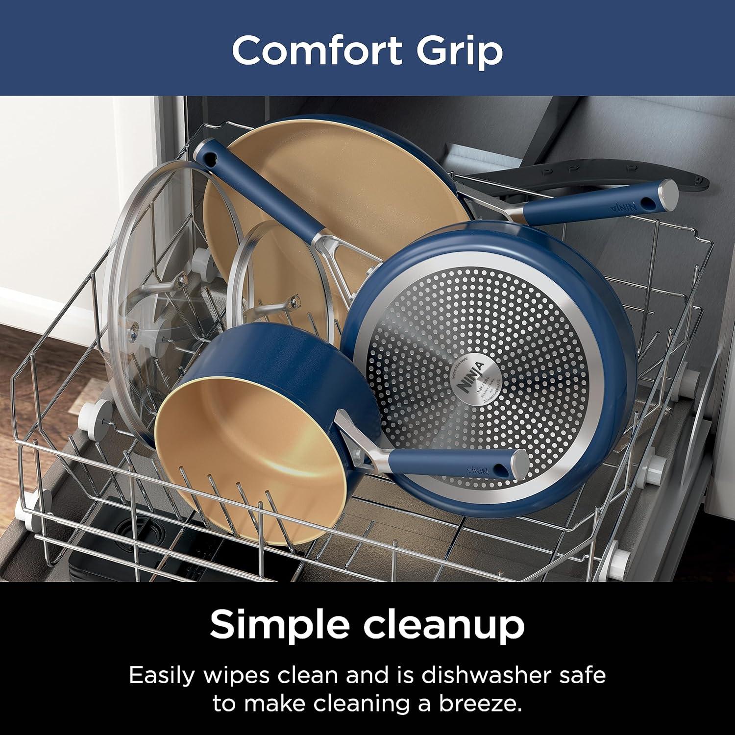 imageNinja Ceramic Cookware Set Extended Life 11Piece Kitchen Cookware Sets with Comfort Grip Nonstick Fry Pans Pots PTFE Free Oven amp Dishwasher Safe Stovetop Compatible Navy Blue CW490111025 Blue Fry Pan