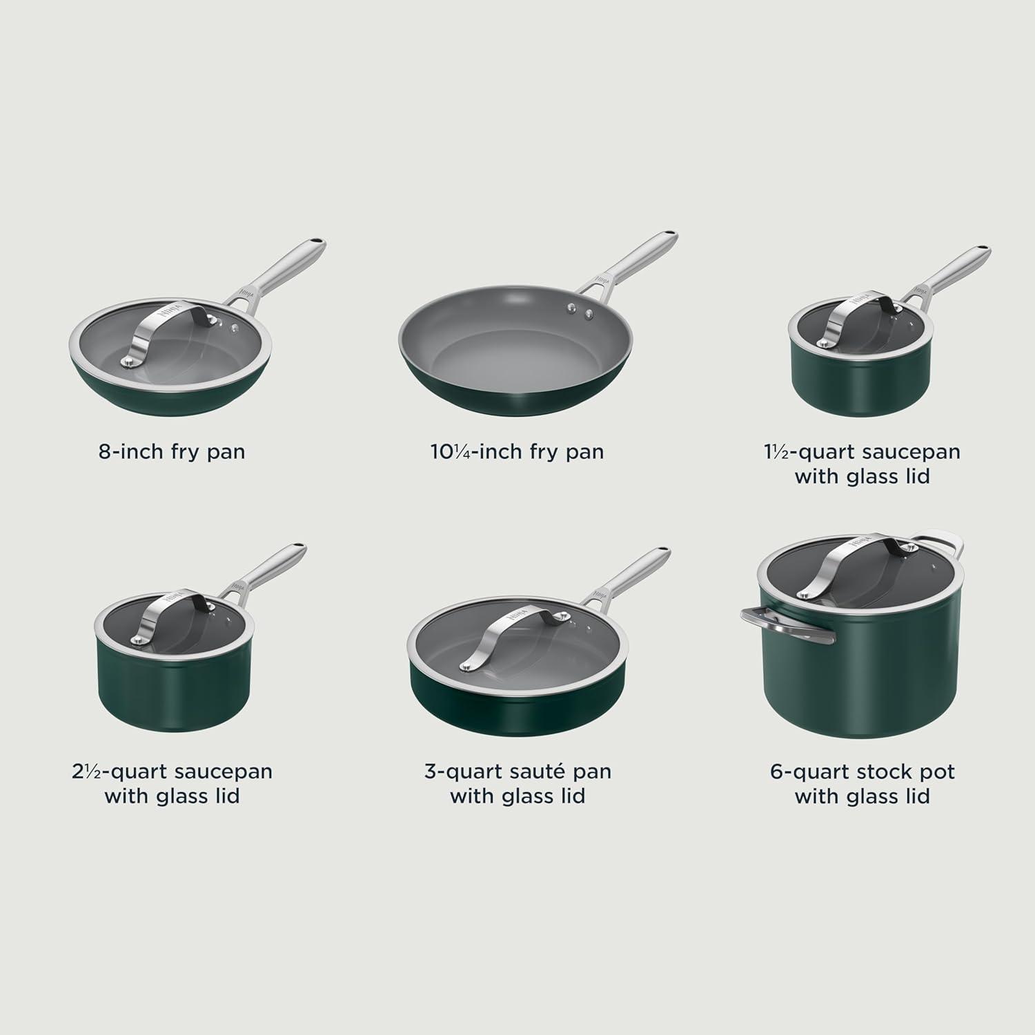 imageNinja Ceramic Pro 11Piece Cookware Set NonStick Pots amp Pans Set with Glass Lids Nontoxic PTFE Free Ceramic Coated Oven Safe All Stovetops amp Induction Compatible Steam White CW39011WHGreen