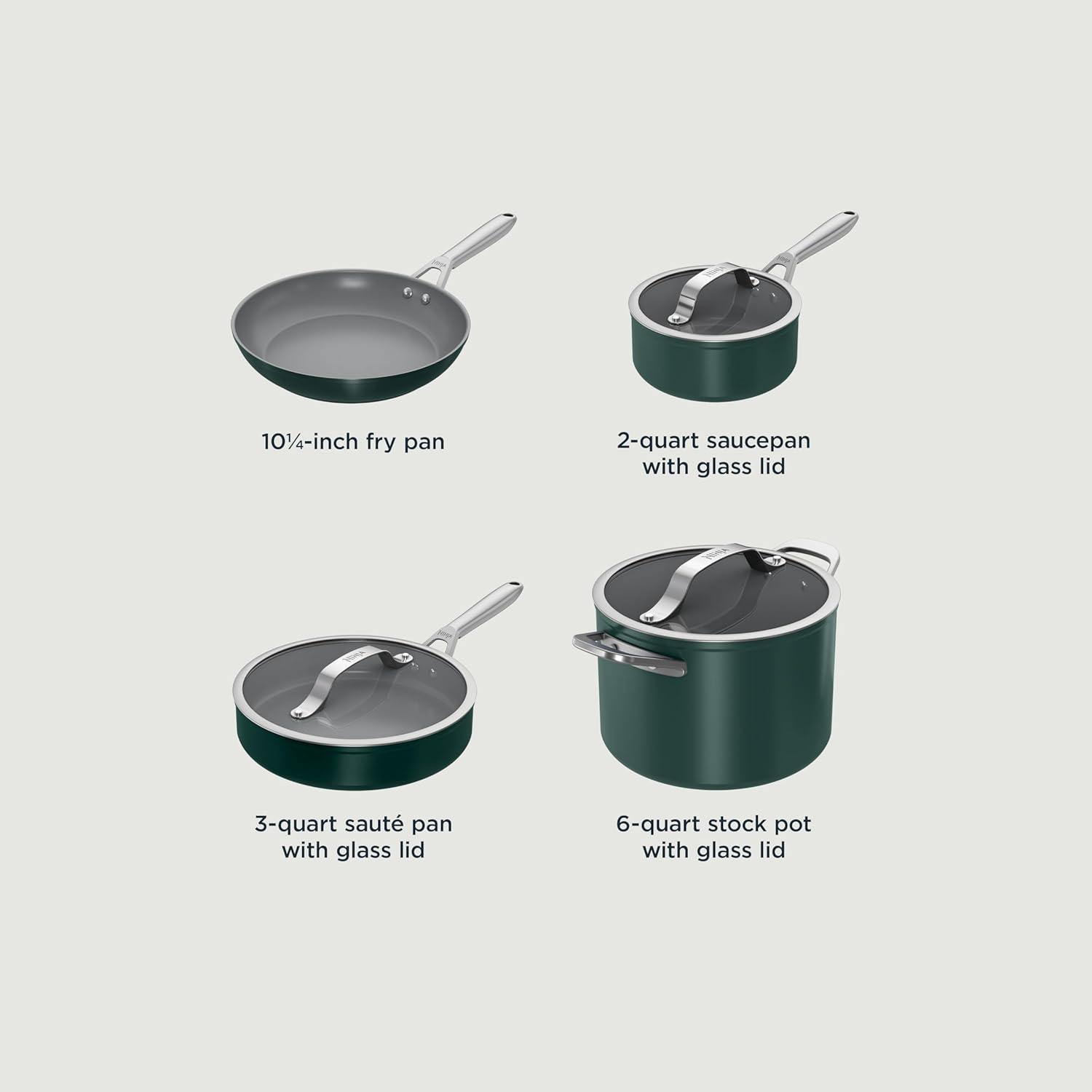 imageNinja Ceramic Pro 11Piece Cookware Set NonStick Pots amp Pans Set with Glass Lids Nontoxic PTFE Free Ceramic Coated Oven Safe All Stovetops amp Induction Compatible Steam White CW39011WHGreen
