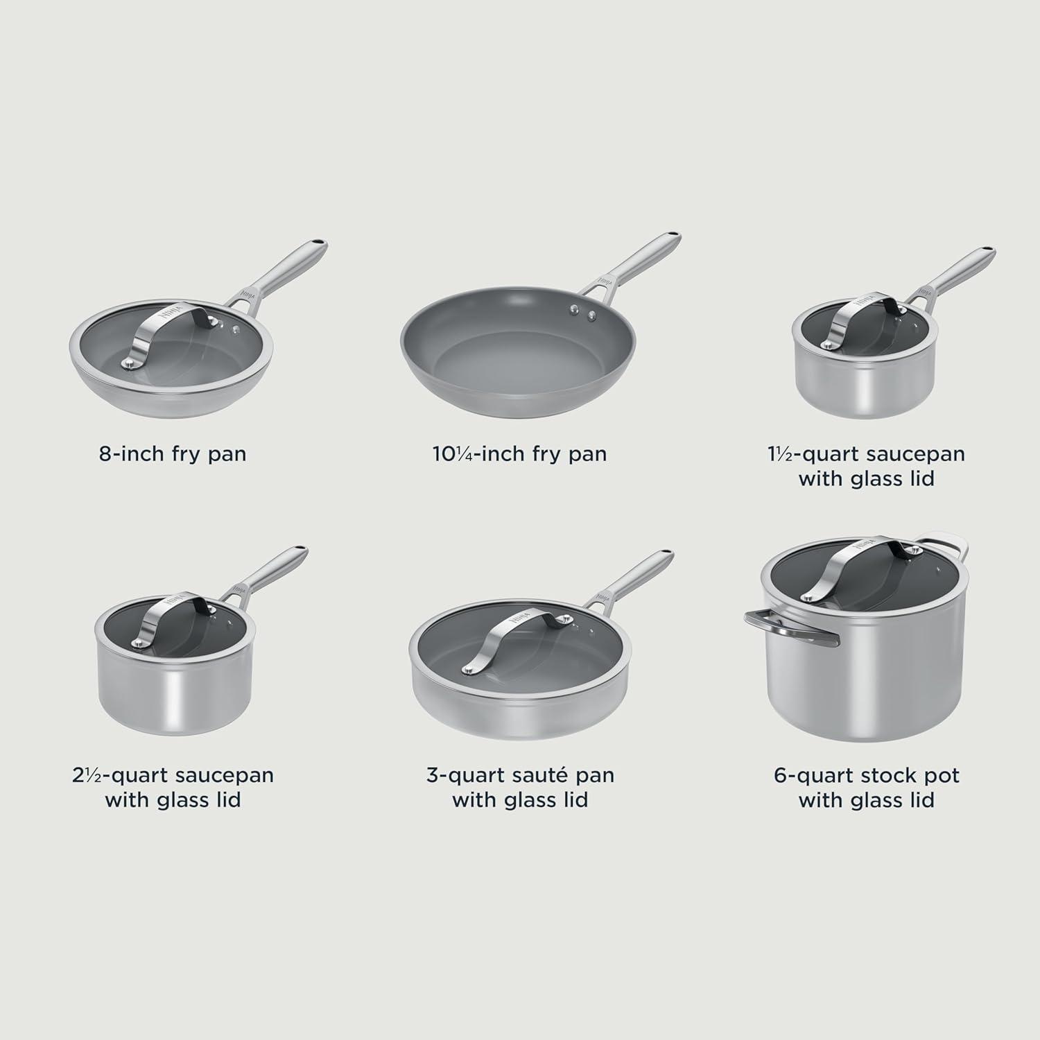imageNinja Ceramic Pro 11Piece Cookware Set NonStick Pots amp Pans Set with Glass Lids Nontoxic PTFE Free Ceramic Coated Oven Safe All Stovetops amp Induction Compatible Stone CW39011ST11pcGrey
