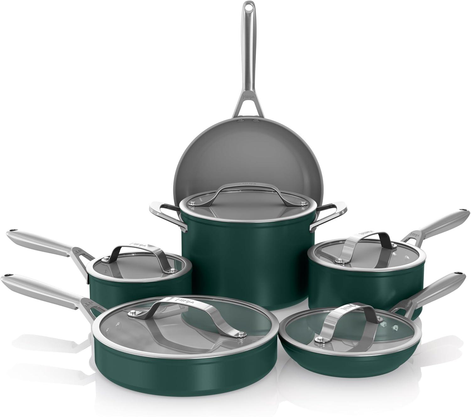 imageNinja Ceramic Pro 11Piece Cookware Set NonStick Pots amp Pans Set with Glass Lids Nontoxic PTFE Free Ceramic Coated Oven Safe All Stovetops amp Induction Compatible Steam White CW39011WHGreen