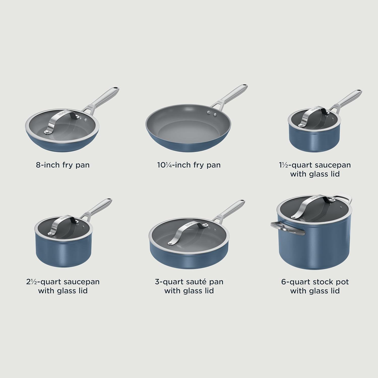 imageNinja Ceramic Pro 11Piece Cookware Set NonStick Pots amp Pans Set with Glass Lids Nontoxic PTFE Free Ceramic Coated Oven Safe All Stovetops amp Induction Compatible Stone CW39011ST11pcBlue Macaron