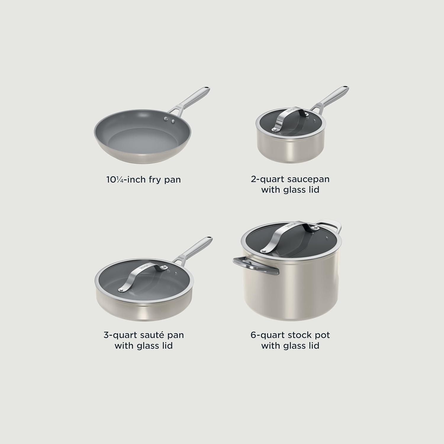 imageNinja Ceramic Pro 11Piece Cookware Set NonStick Pots amp Pans Set with Glass Lids Nontoxic PTFE Free Ceramic Coated Oven Safe All Stovetops amp Induction Compatible Steam White CW39011WHStone