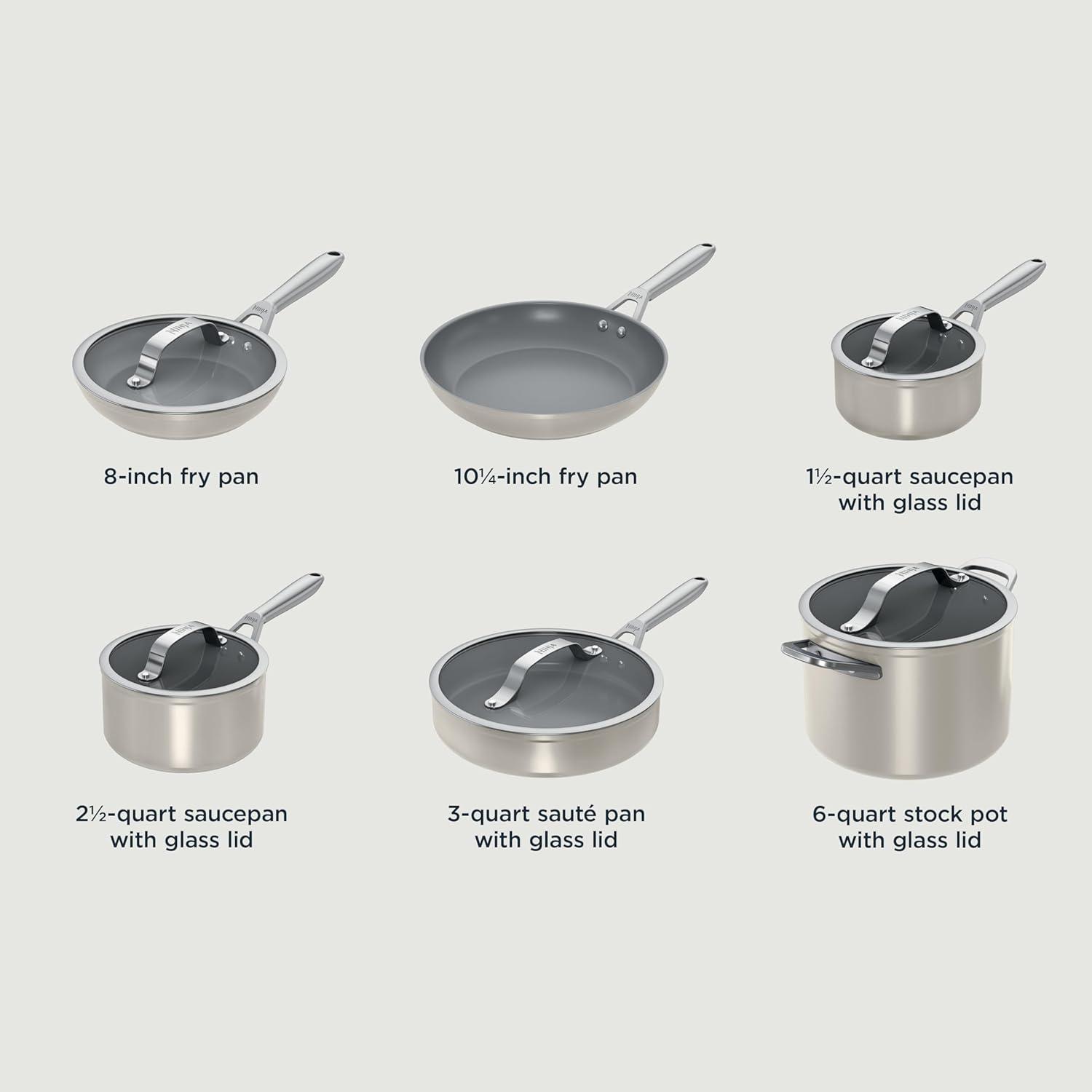 imageNinja Ceramic Pro 11Piece Cookware Set NonStick Pots amp Pans Set with Glass Lids Nontoxic PTFE Free Ceramic Coated Oven Safe All Stovetops amp Induction Compatible Stone CW39011ST11pcStone