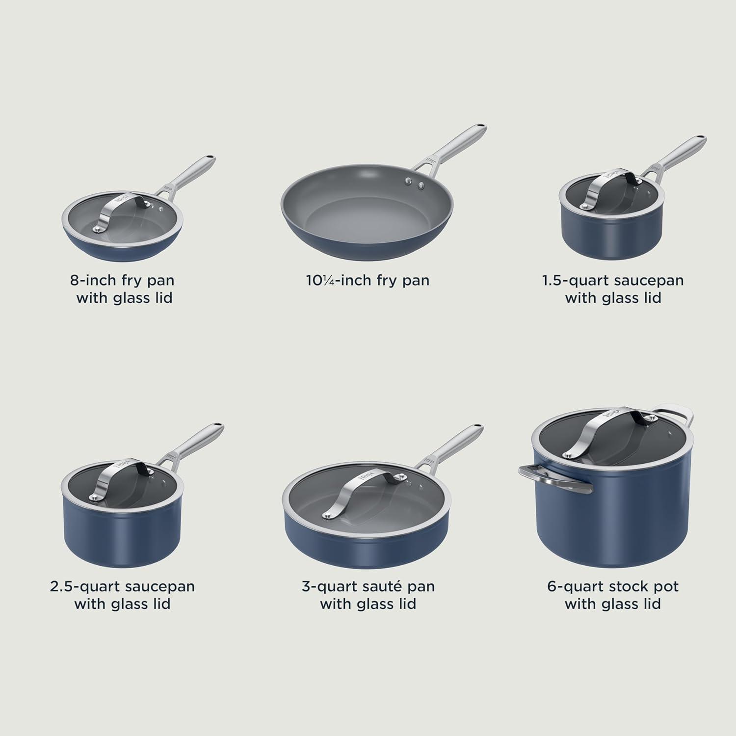 imageNinja Ceramic Pro 11Piece Cookware Set NonStick Pots amp Pans Set with Glass Lids Nontoxic PTFE Free Ceramic Coated Oven Safe All Stovetops amp Induction Compatible Steam White CW39011WHMidnight Blue