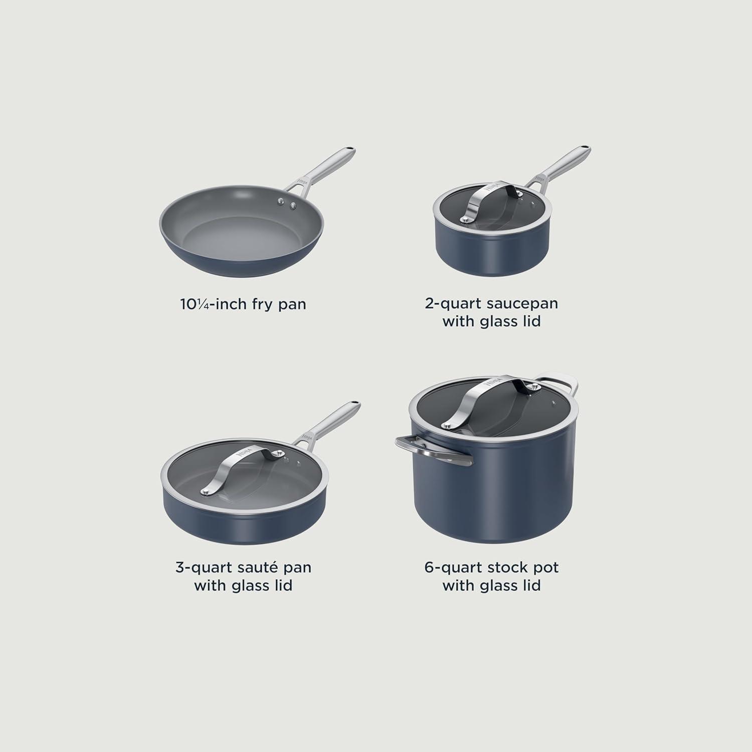 imageNinja Ceramic Pro 11Piece Cookware Set NonStick Pots amp Pans Set with Glass Lids Nontoxic PTFE Free Ceramic Coated Oven Safe All Stovetops amp Induction Compatible Steam White CW39011WHMidnight Blue