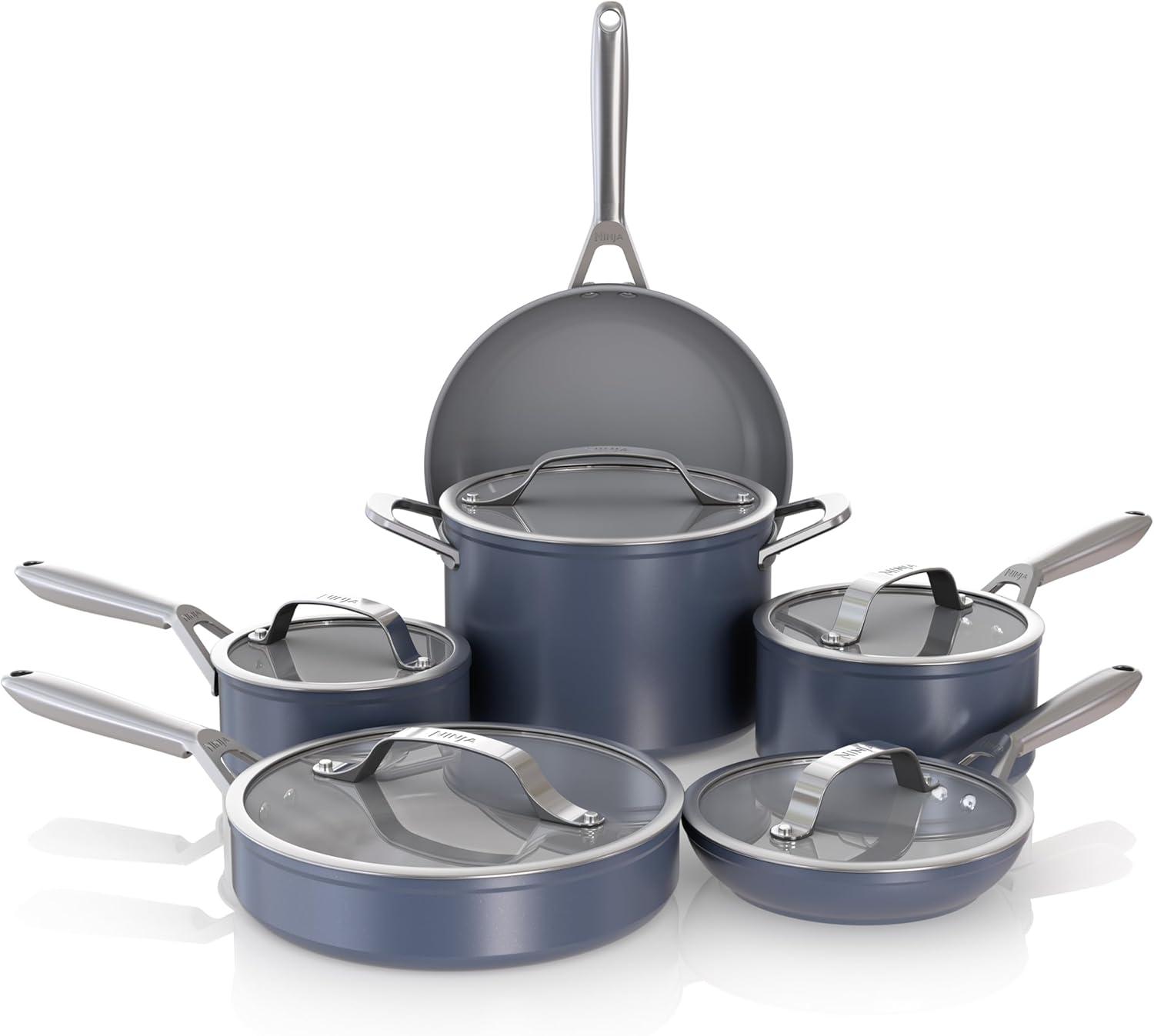 imageNinja Ceramic Pro 11Piece Cookware Set NonStick Pots amp Pans Set with Glass Lids Nontoxic PTFE Free Ceramic Coated Oven Safe All Stovetops amp Induction Compatible Steam White CW39011WHMidnight Blue