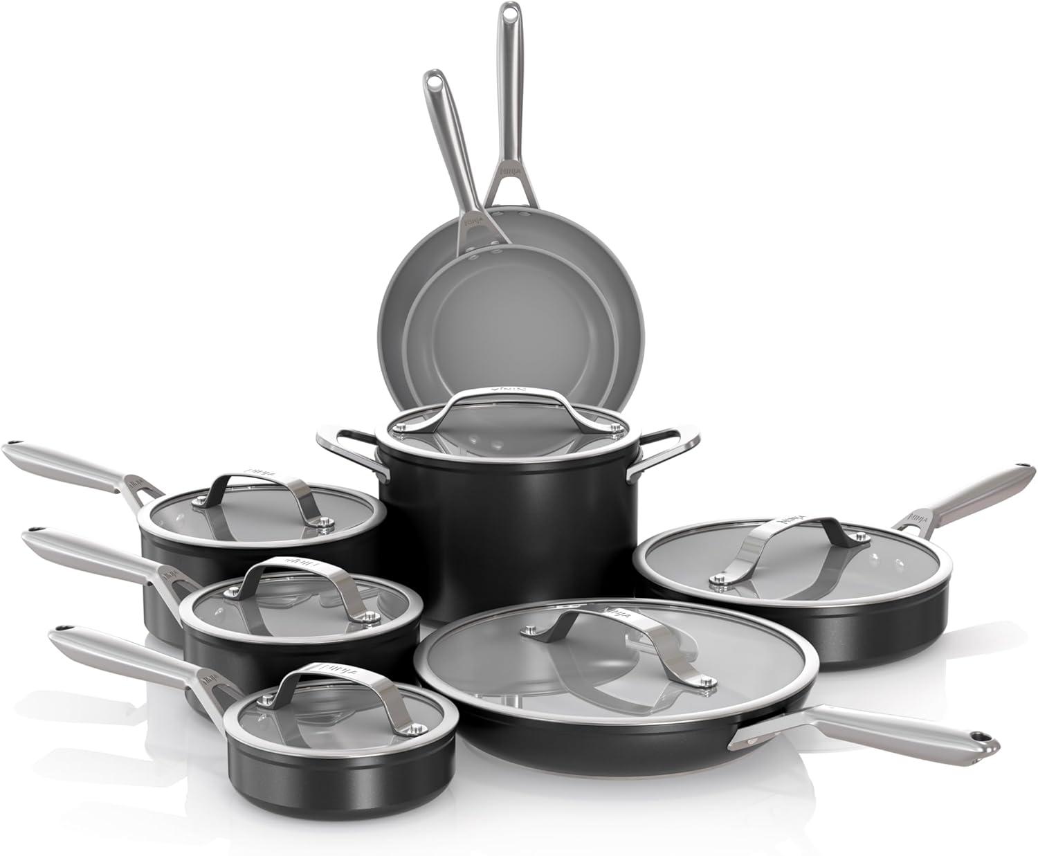 imageNinja Ceramic Pro 14Piece Cookware Set NonStick Pots amp Pans Set with Glass Lids Nontoxic PTFE Free Ceramic Coated Oven Safe All Stovetops amp Induction Compatible Midnight Blue CW39014MMBlack