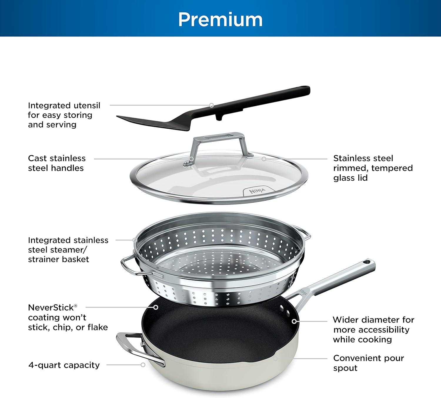 imageNinja Cookware Steamer Strainer Basket Glass Lid and Spatula Foodi NeverStick PossiblePan Premium Set with 4Quart Capacity Pan Nonstick Durable Oven Safe Cookware Cherry Tart CW102RDVanilla Bean