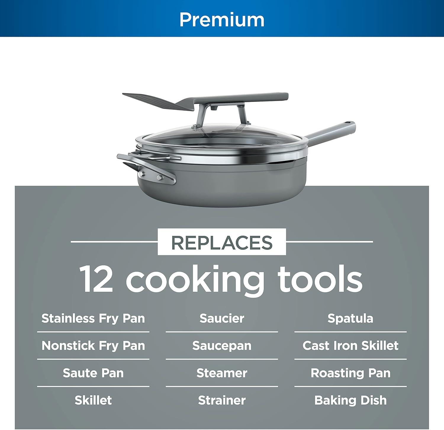imageNinja Cookware Steamer Strainer Basket Glass Lid and Spatula Foodi NeverStick PossiblePan Premium Set with 4Quart Capacity Pan Nonstick Durable Oven Safe Cookware Cherry Tart CW102RDSea Salt Grey