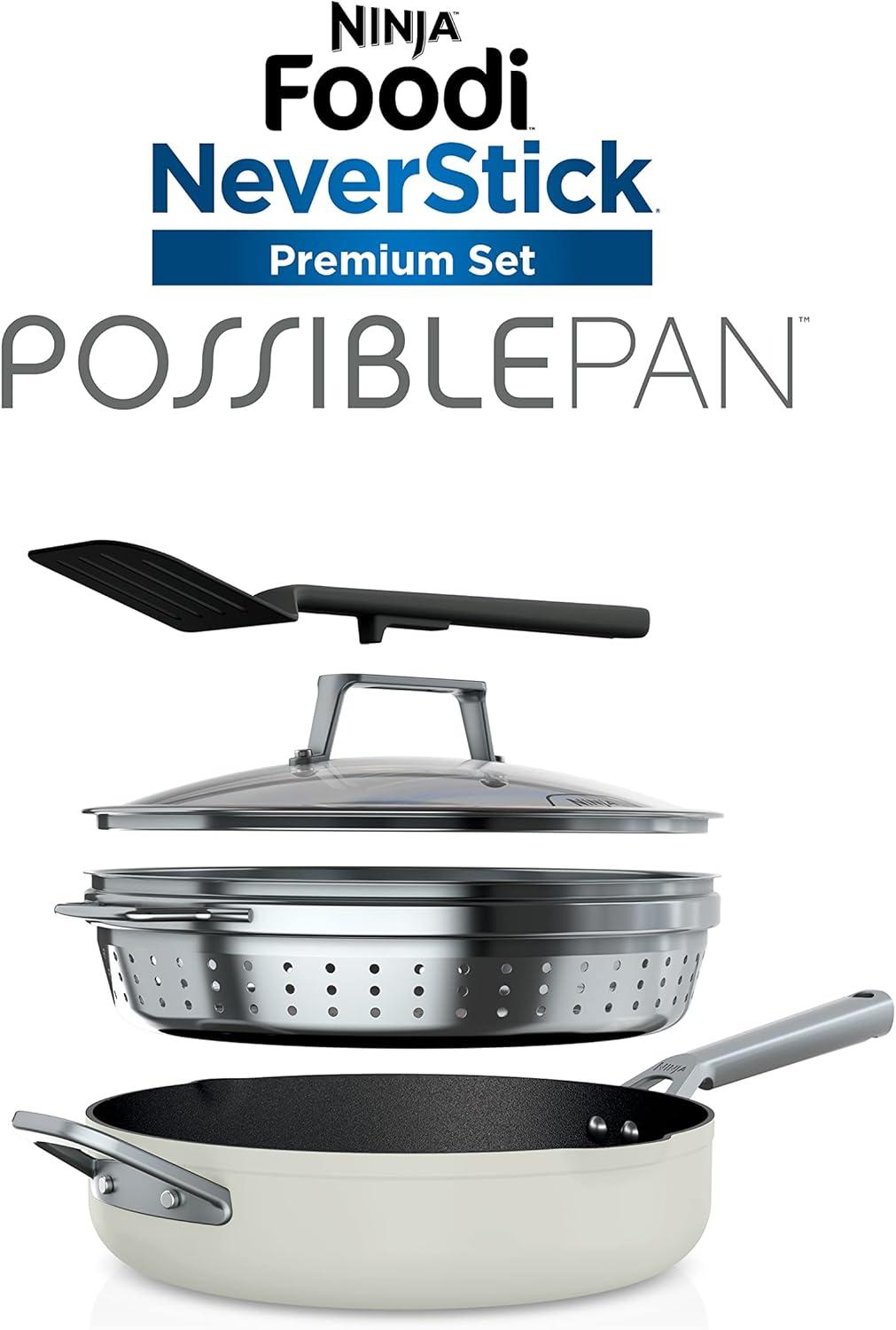 imageNinja Cookware Steamer Strainer Basket Glass Lid and Spatula Foodi NeverStick PossiblePan Premium Set with 4Quart Capacity Pan Nonstick Durable Oven Safe Cookware Cherry Tart CW102RDVanilla Bean