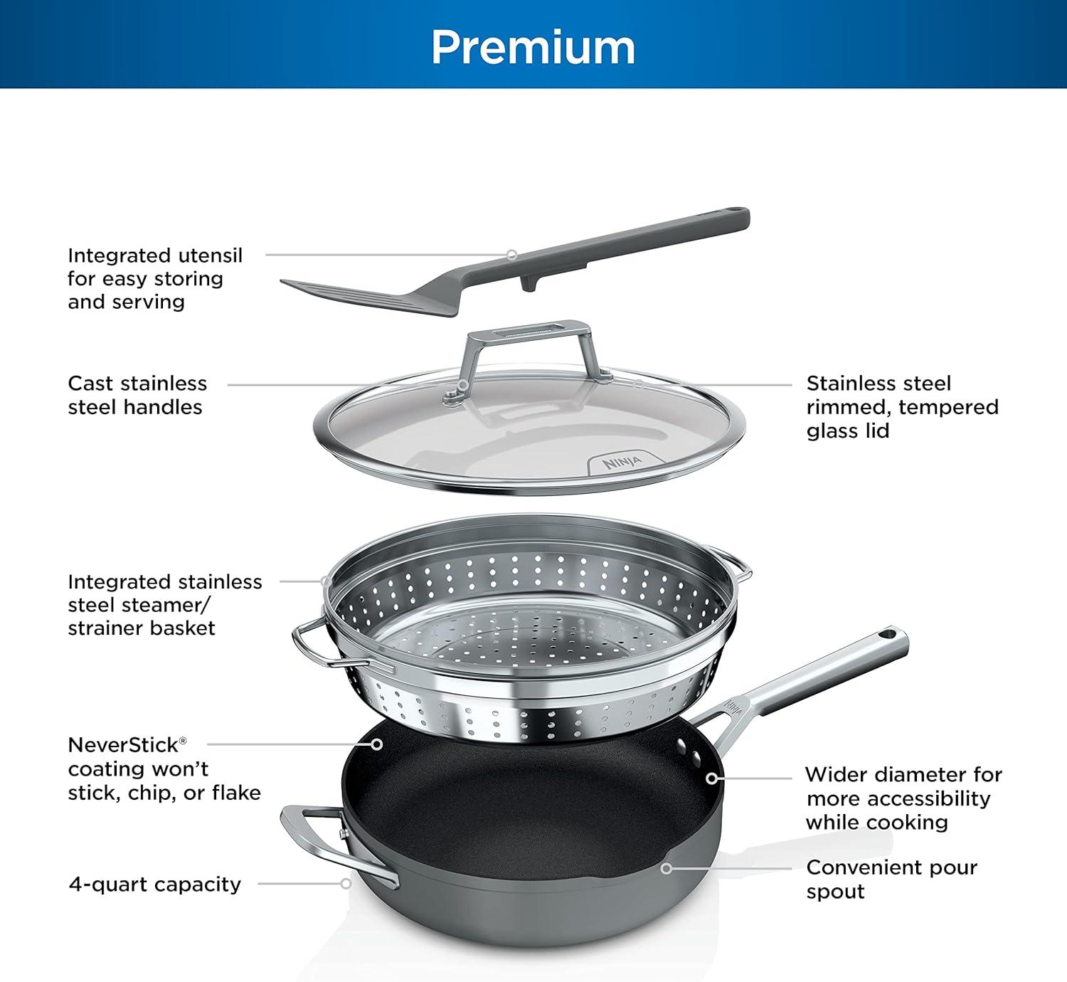 imageNinja Cookware Steamer Strainer Basket Glass Lid and Spatula Foodi NeverStick PossiblePan Premium Set with 4Quart Capacity Pan Nonstick Durable Oven Safe Cookware Cherry Tart CW102RDSea Salt Grey
