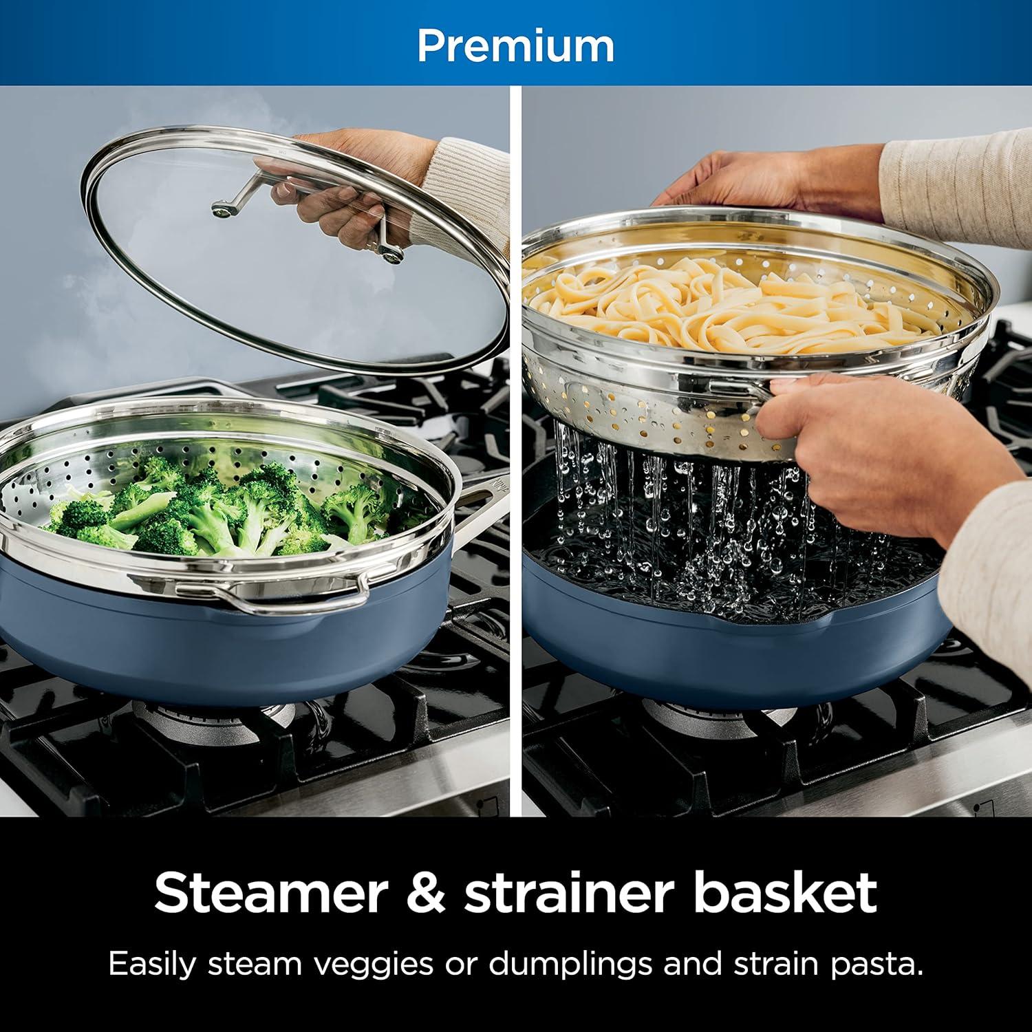 imageNinja Cookware Steamer Strainer Basket Glass Lid and Spatula Foodi NeverStick PossiblePan Premium Set with 4Quart Capacity Pan Nonstick Durable Oven Safe Cookware Cherry Tart CW102RDMacaron Blue