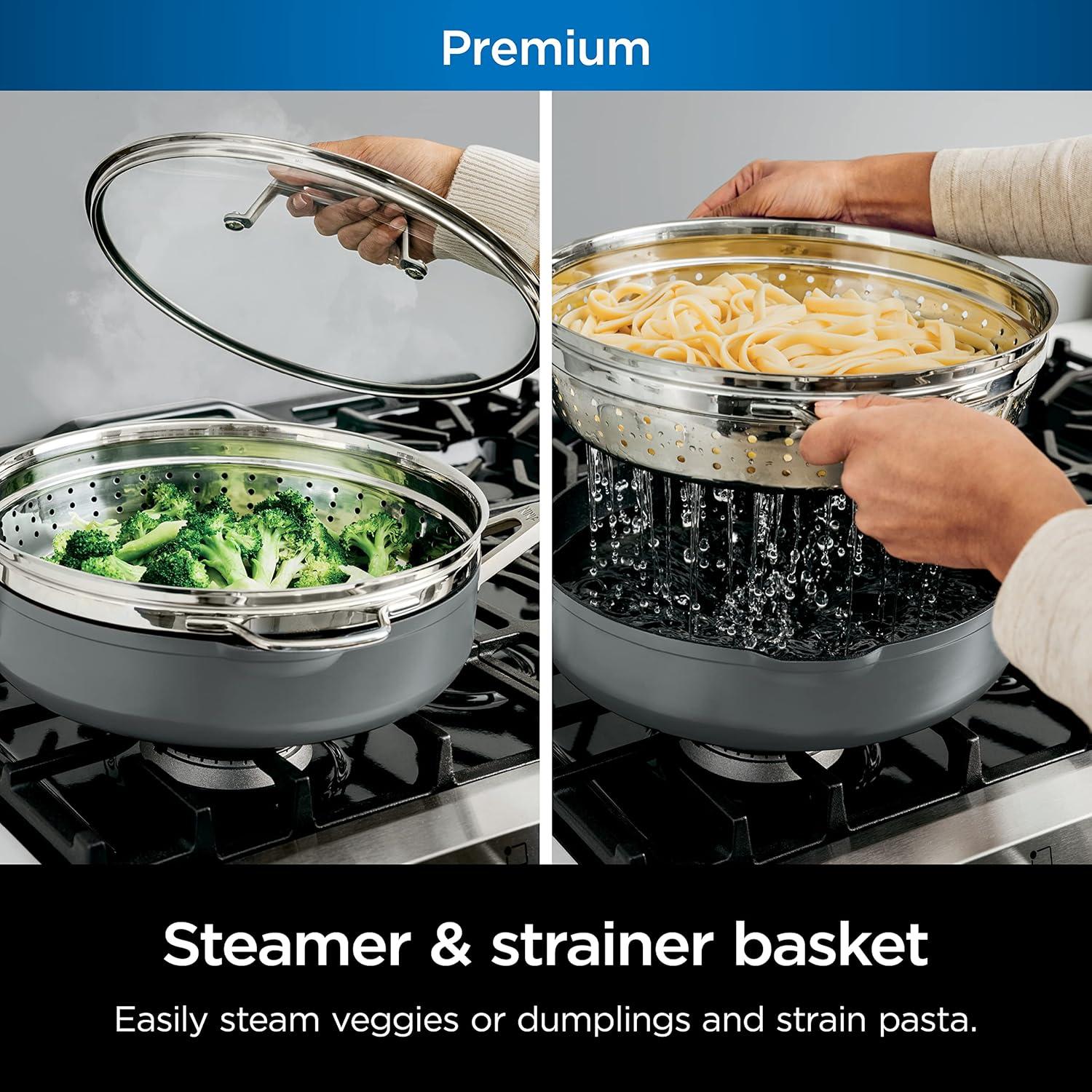 imageNinja Cookware Steamer Strainer Basket Glass Lid and Spatula Foodi NeverStick PossiblePan Premium Set with 4Quart Capacity Pan Nonstick Durable Oven Safe Cookware Cherry Tart CW102RDSea Salt Grey