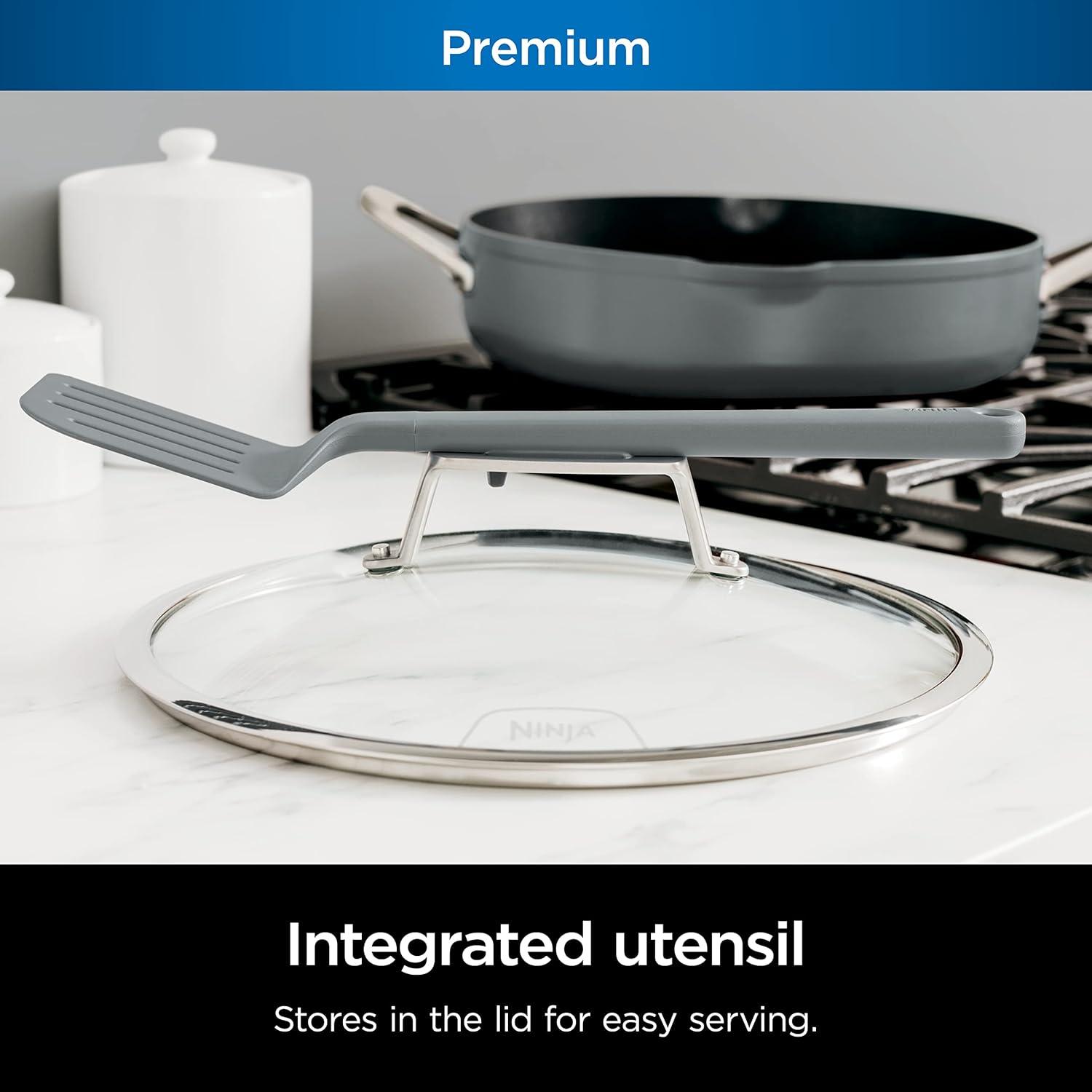 imageNinja Cookware Steamer Strainer Basket Glass Lid and Spatula Foodi NeverStick PossiblePan Premium Set with 4Quart Capacity Pan Nonstick Durable Oven Safe Cookware Cherry Tart CW102RDSea Salt Grey