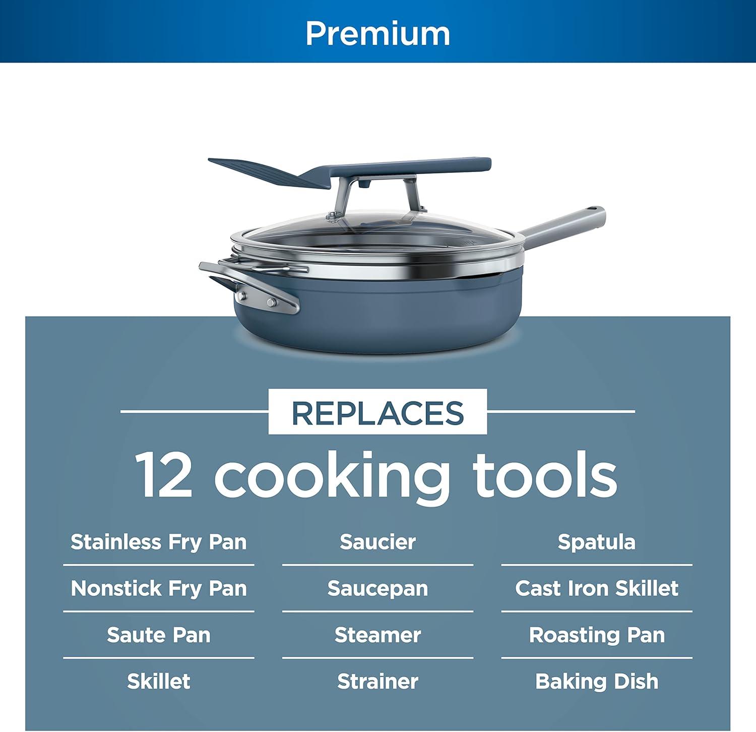 imageNinja Cookware Steamer Strainer Basket Glass Lid and Spatula Foodi NeverStick PossiblePan Premium Set with 4Quart Capacity Pan Nonstick Durable Oven Safe Cookware Cherry Tart CW102RDMacaron Blue