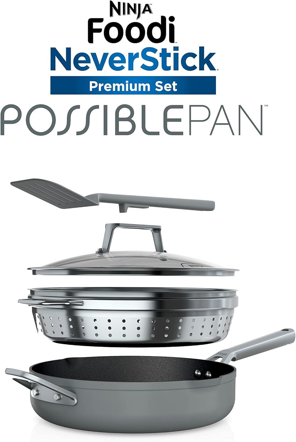 imageNinja Cookware Steamer Strainer Basket Glass Lid and Spatula Foodi NeverStick PossiblePan Premium Set with 4Quart Capacity Pan Nonstick Durable Oven Safe Cookware Cherry Tart CW102RDSea Salt Grey