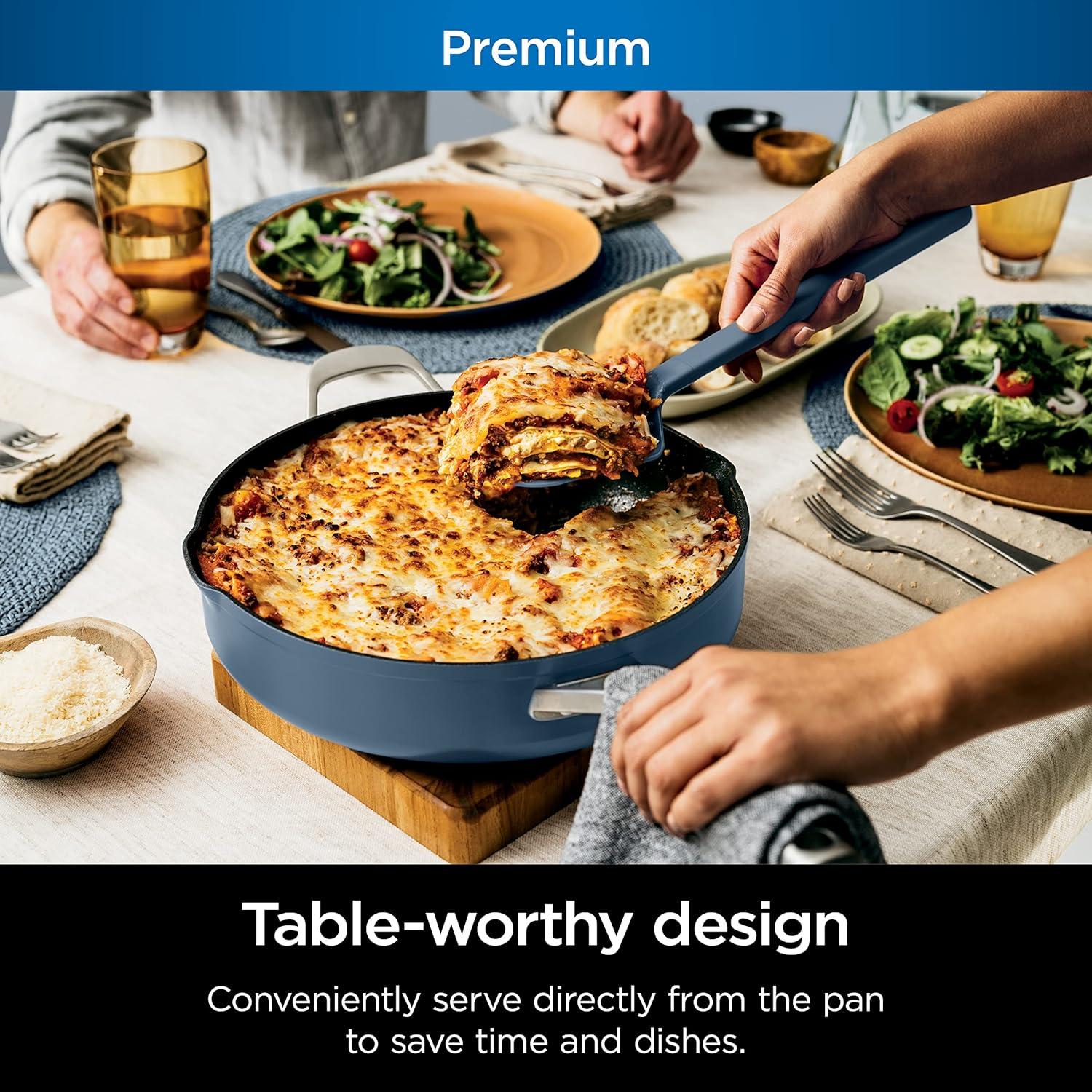 imageNinja Cookware Steamer Strainer Basket Glass Lid and Spatula Foodi NeverStick PossiblePan Premium Set with 4Quart Capacity Pan Nonstick Durable Oven Safe Cookware Cherry Tart CW102RDMacaron Blue