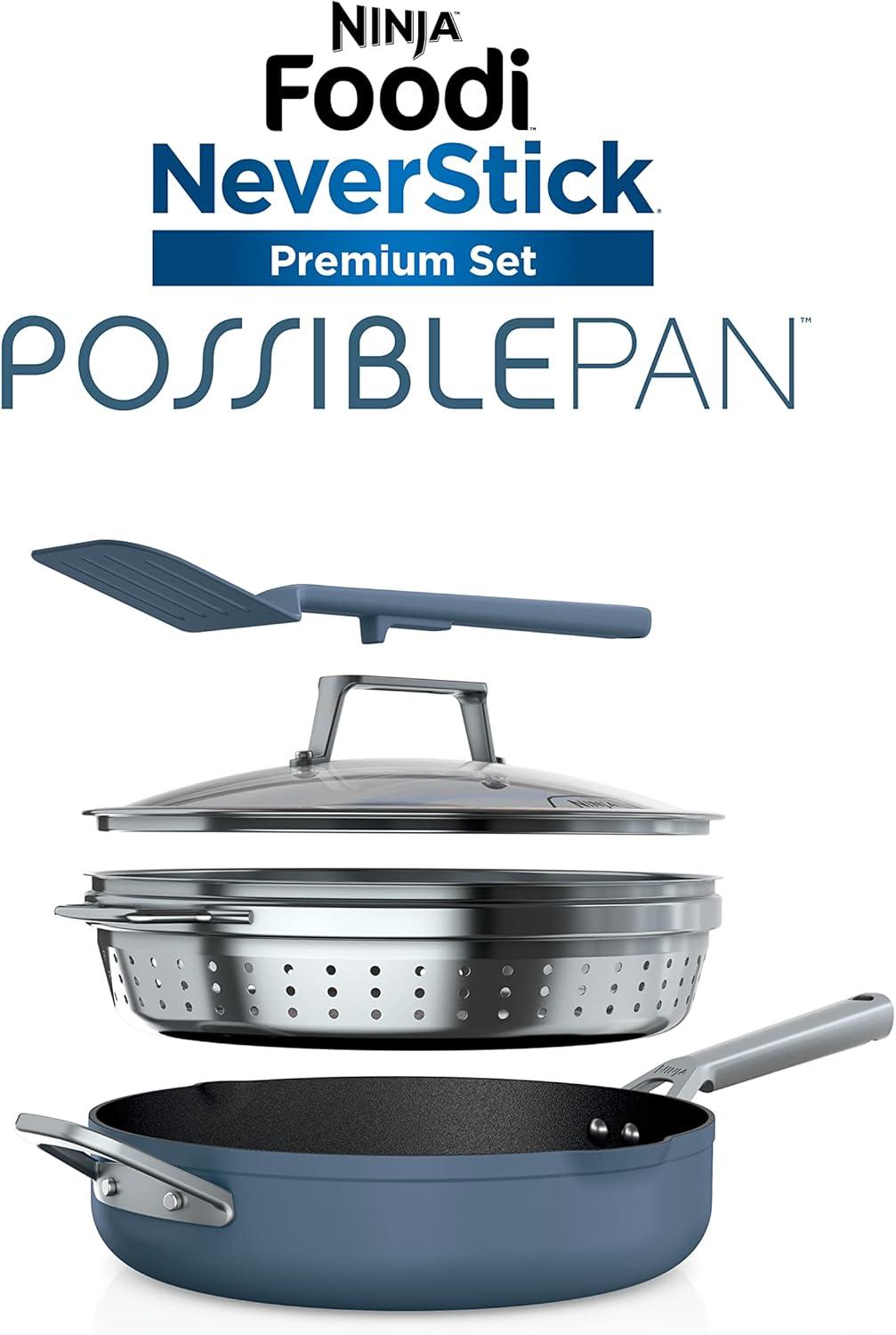 imageNinja Cookware Steamer Strainer Basket Glass Lid and Spatula Foodi NeverStick PossiblePan Premium Set with 4Quart Capacity Pan Nonstick Durable Oven Safe Cookware Cherry Tart CW102RDMacaron Blue