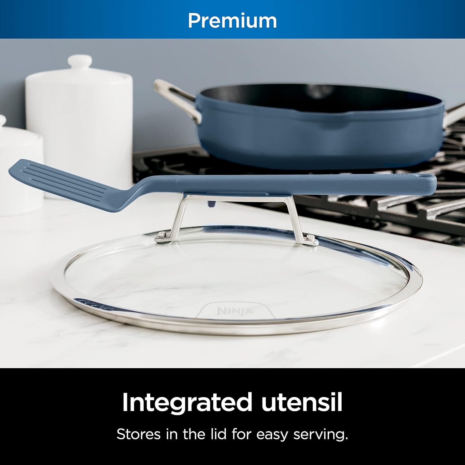 imageNinja Cookware Steamer Strainer Basket Glass Lid and Spatula Foodi NeverStick PossiblePan Premium Set with 4Quart Capacity Pan Nonstick Durable Oven Safe Cookware Cherry Tart CW102RDMacaron Blue