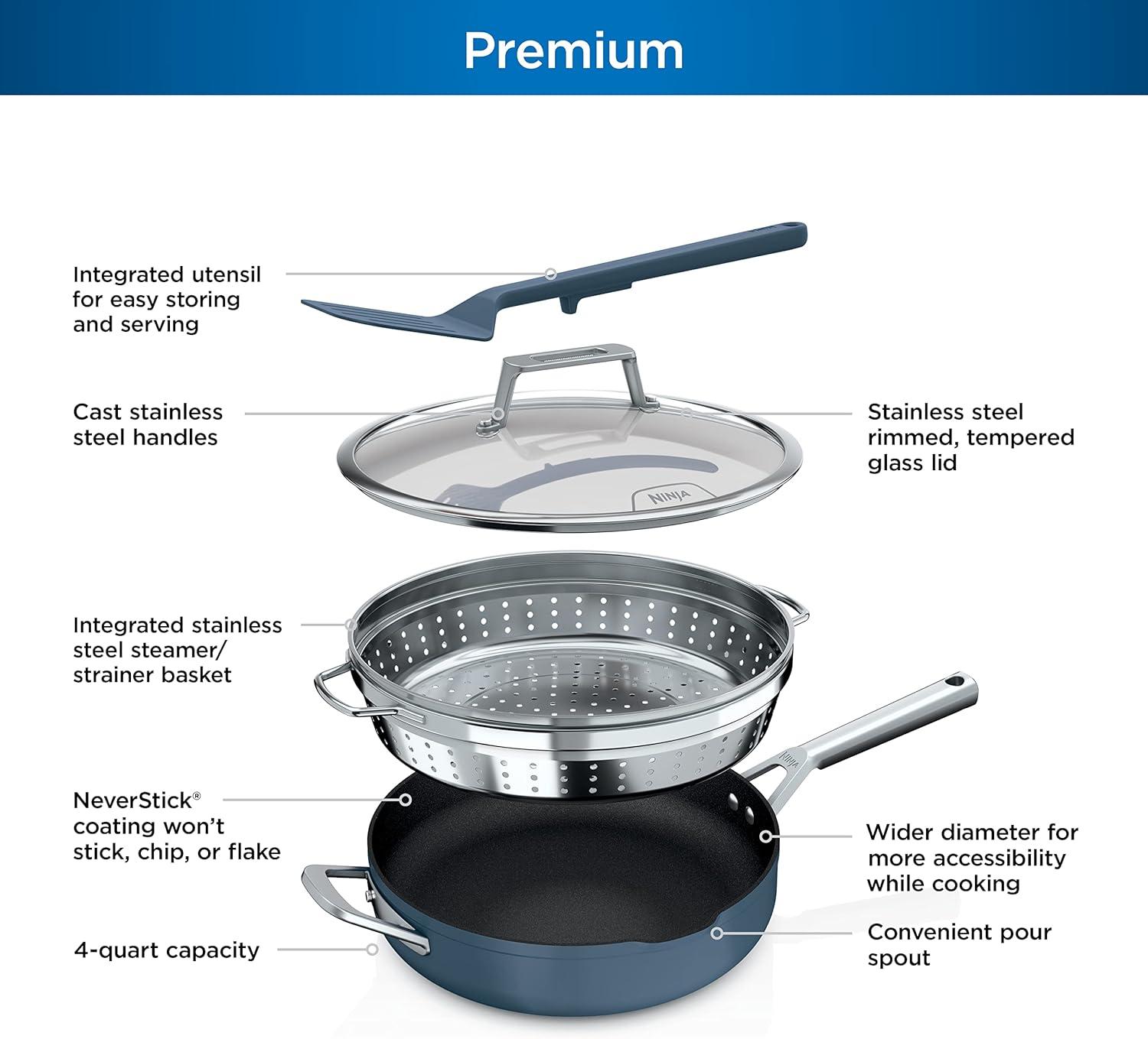 imageNinja Cookware Steamer Strainer Basket Glass Lid and Spatula Foodi NeverStick PossiblePan Premium Set with 4Quart Capacity Pan Nonstick Durable Oven Safe Cookware Cherry Tart CW102RDMacaron Blue