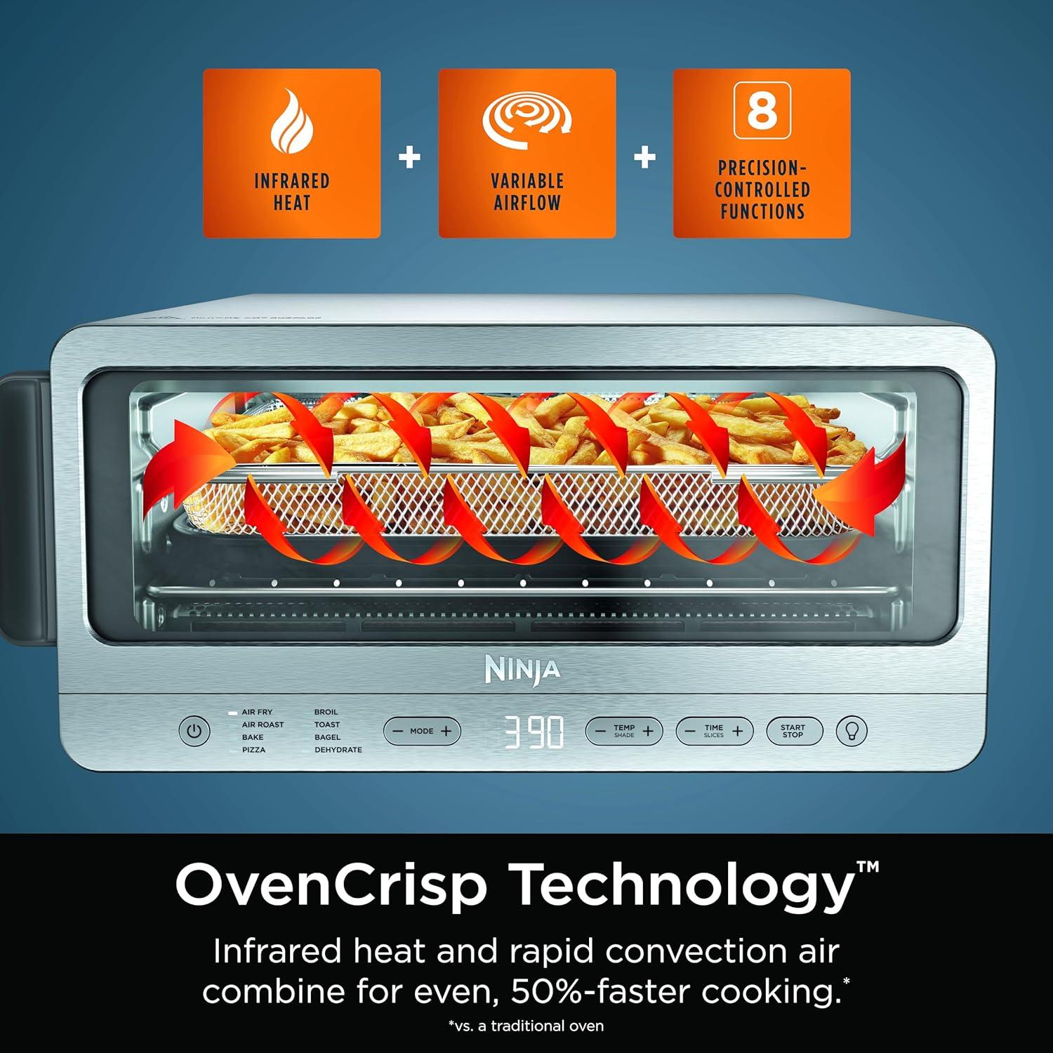 imageNinja Digital Air Fryer amp Toaster Oven 8in1 Functionality FlipUp Design XL Capacity Air Fry Basket Sheet Pan Wire Rack amp Crumb Tray 1800 Watt Silver SP101Stainless Premium 8in1 Flip Oven