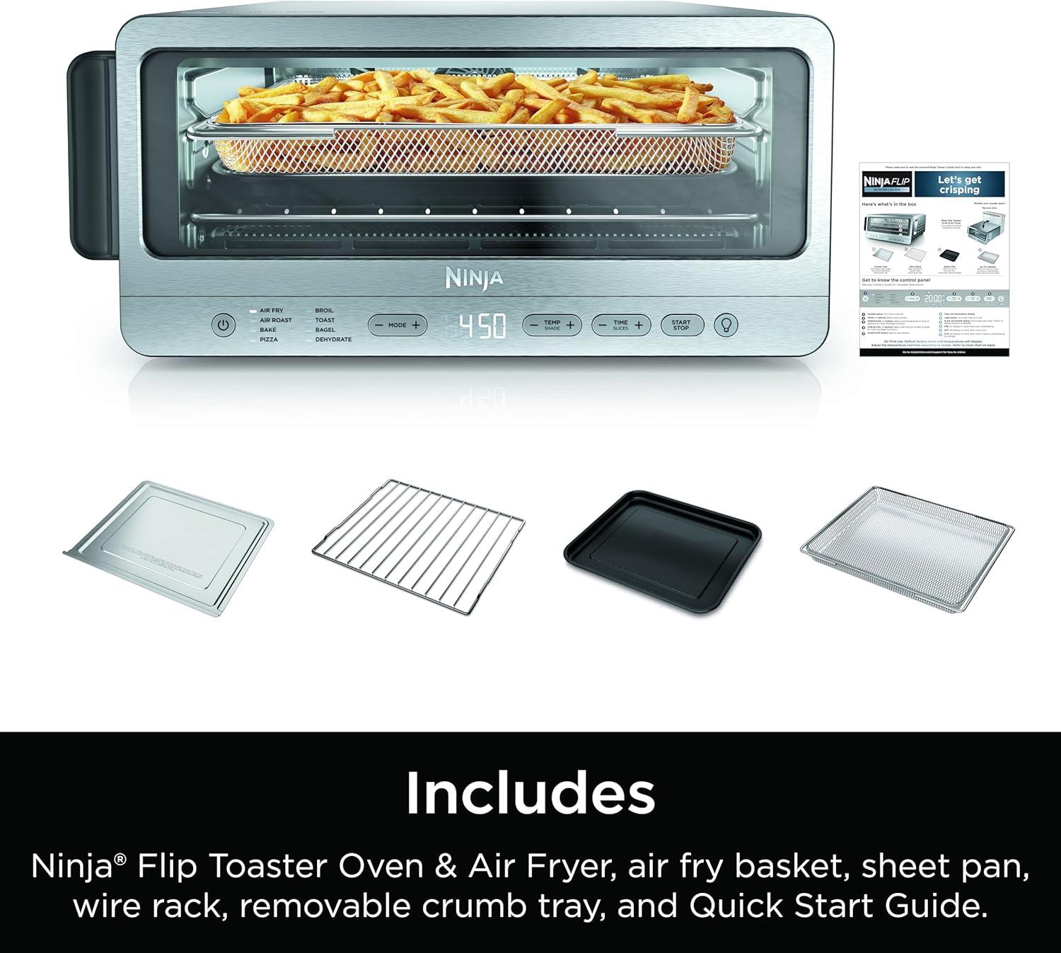 imageNinja Digital Air Fryer amp Toaster Oven 8in1 Functionality FlipUp Design XL Capacity Air Fry Basket Sheet Pan Wire Rack amp Crumb Tray 1800 Watt Silver SP101Stainless Premium 8in1 Flip Oven