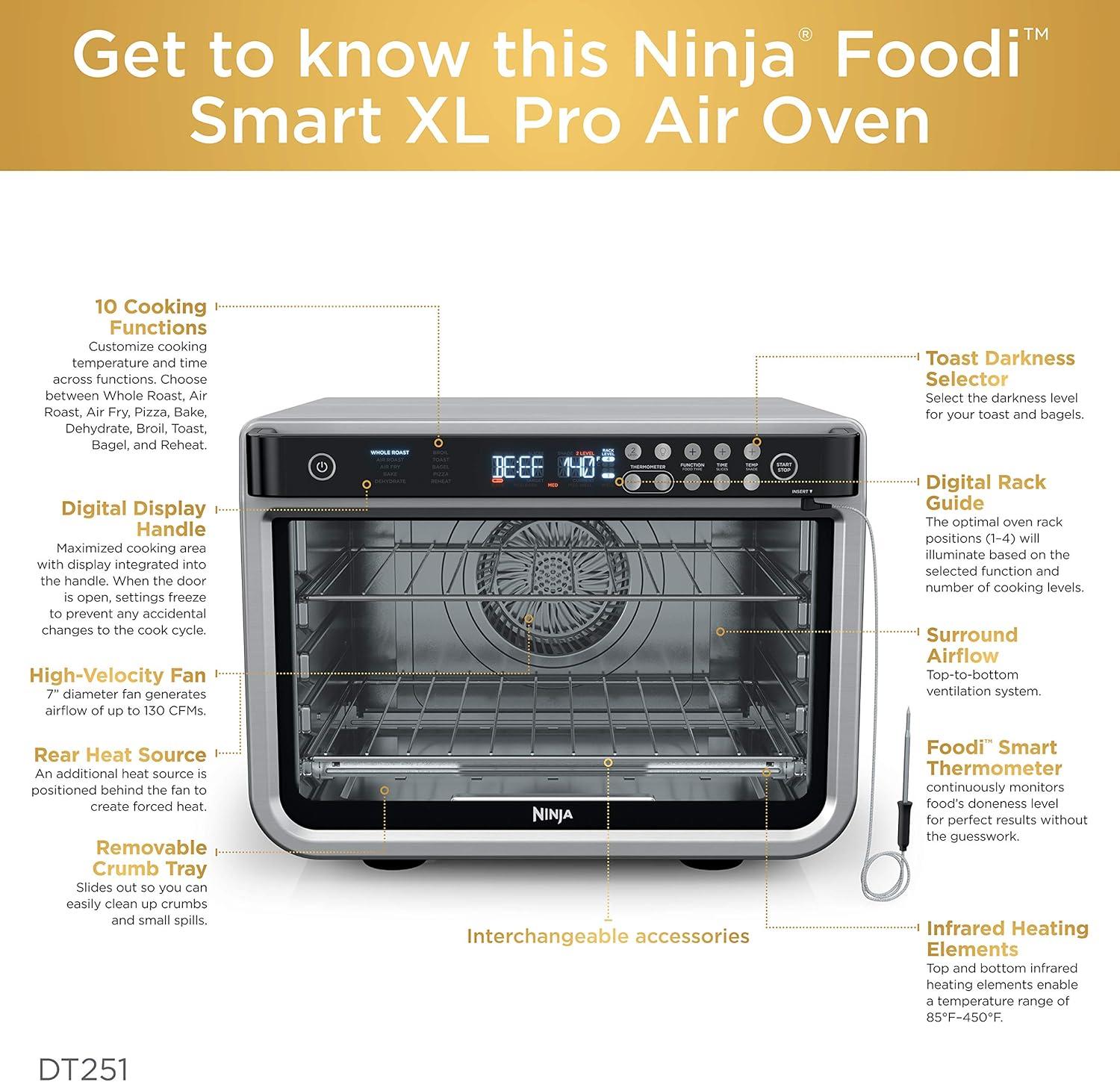 imageNinja Prestige Smart XL with Pro Cook System 10in1 Air Fry Digital Countertop Convection Toaster Oven with Air Fry Air Roast Broil amp Bake Pro Cook Thermometer 1800 Watts Stainless Steel DT55110in1 with Thermometer