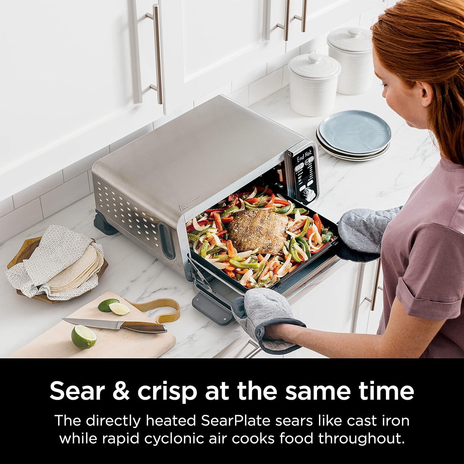 imageNinja SP301 Dual Heat Air Fry Countertop 13in1 Oven with Extended Height XL Capacity Flip Up amp Away Capability for Storage Space with Air Fry Basket SearPlate Wire Rack amp Crumb Tray Silver