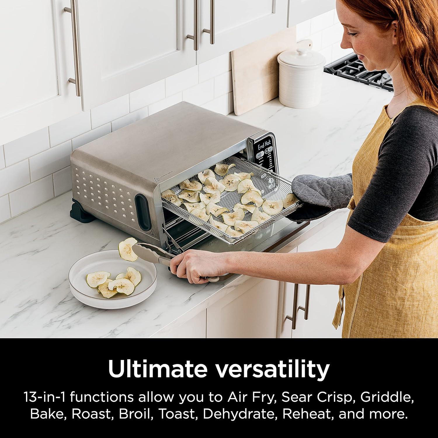 imageNinja SP301 Dual Heat Air Fry Countertop 13in1 Oven with Extended Height XL Capacity Flip Up amp Away Capability for Storage Space with Air Fry Basket SearPlate Wire Rack amp Crumb Tray Silver