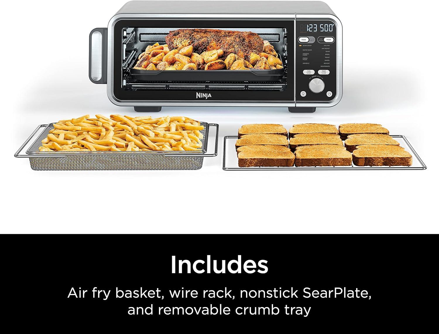 imageNinja SP301 Dual Heat Air Fry Countertop 13in1 Oven with Extended Height XL Capacity Flip Up amp Away Capability for Storage Space with Air Fry Basket SearPlate Wire Rack amp Crumb Tray Silver